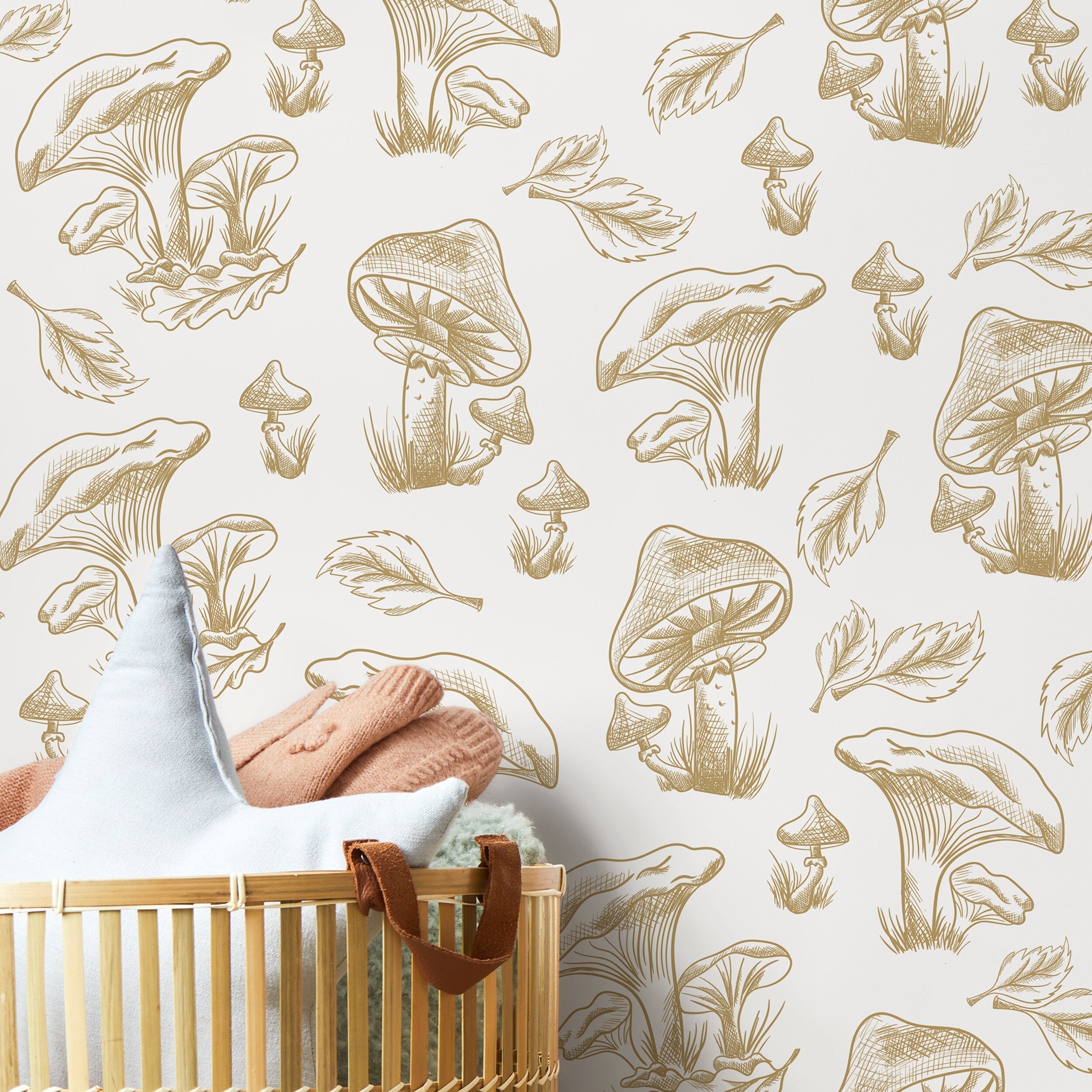 Mushroom Wallpaper With A Hand-drawn Botanical Motif In Beige - D820