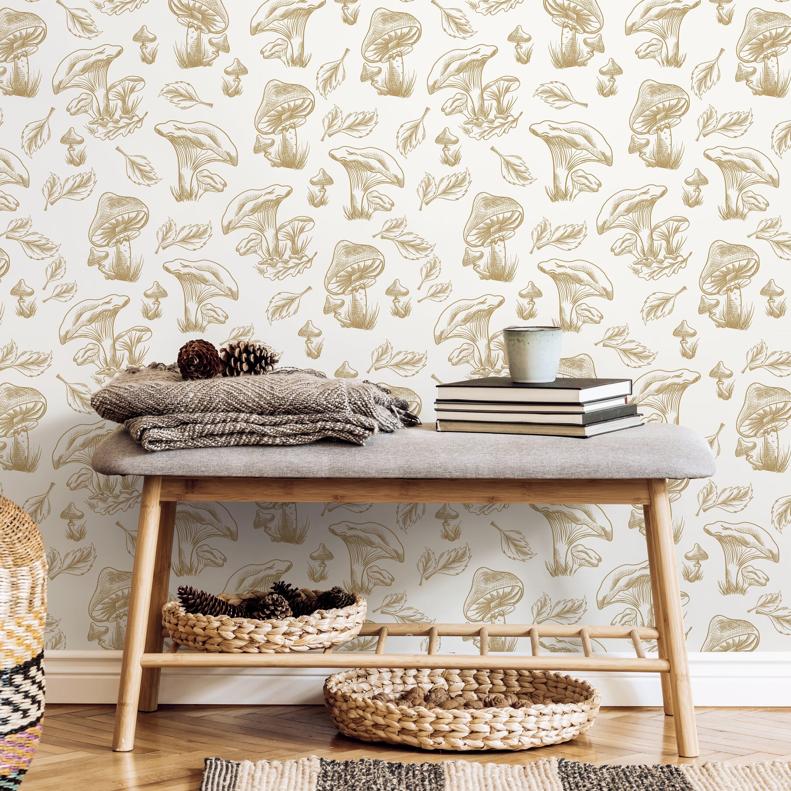 Mushroom Wallpaper With A Hand-drawn Botanical Motif In Beige - D820