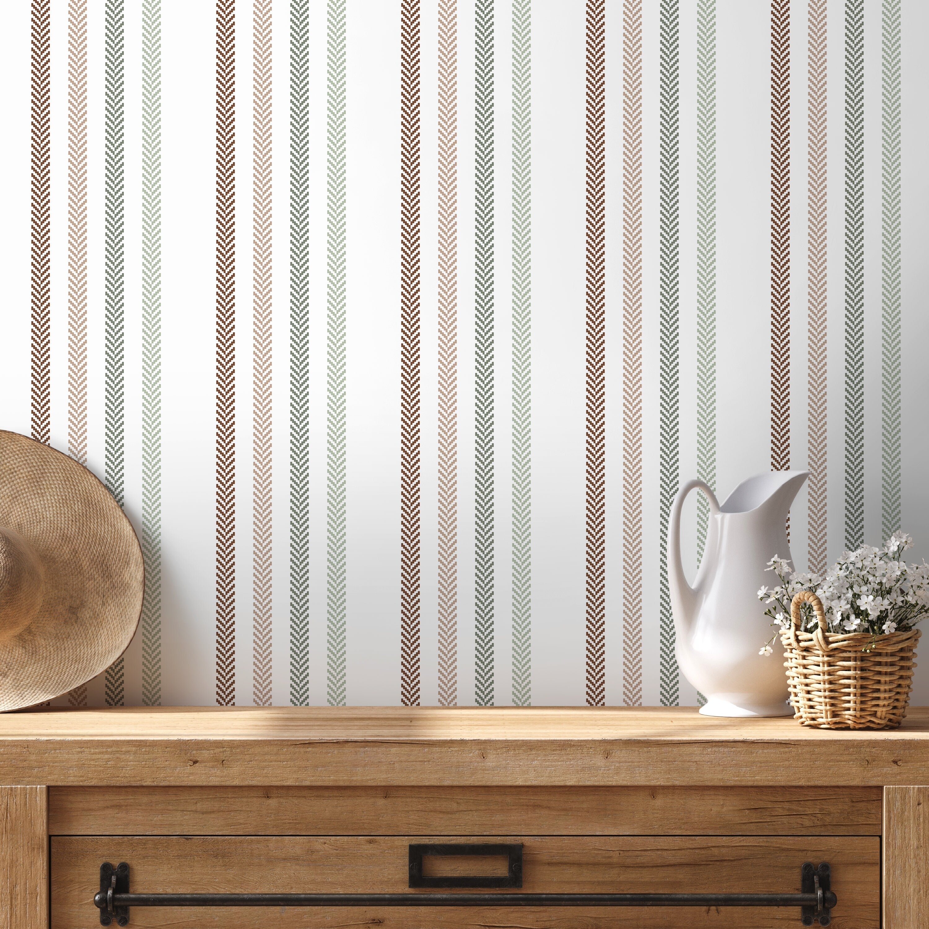 Striped Wallpaper With A Chevron Motif In Brown, Green, And Beige - D779
