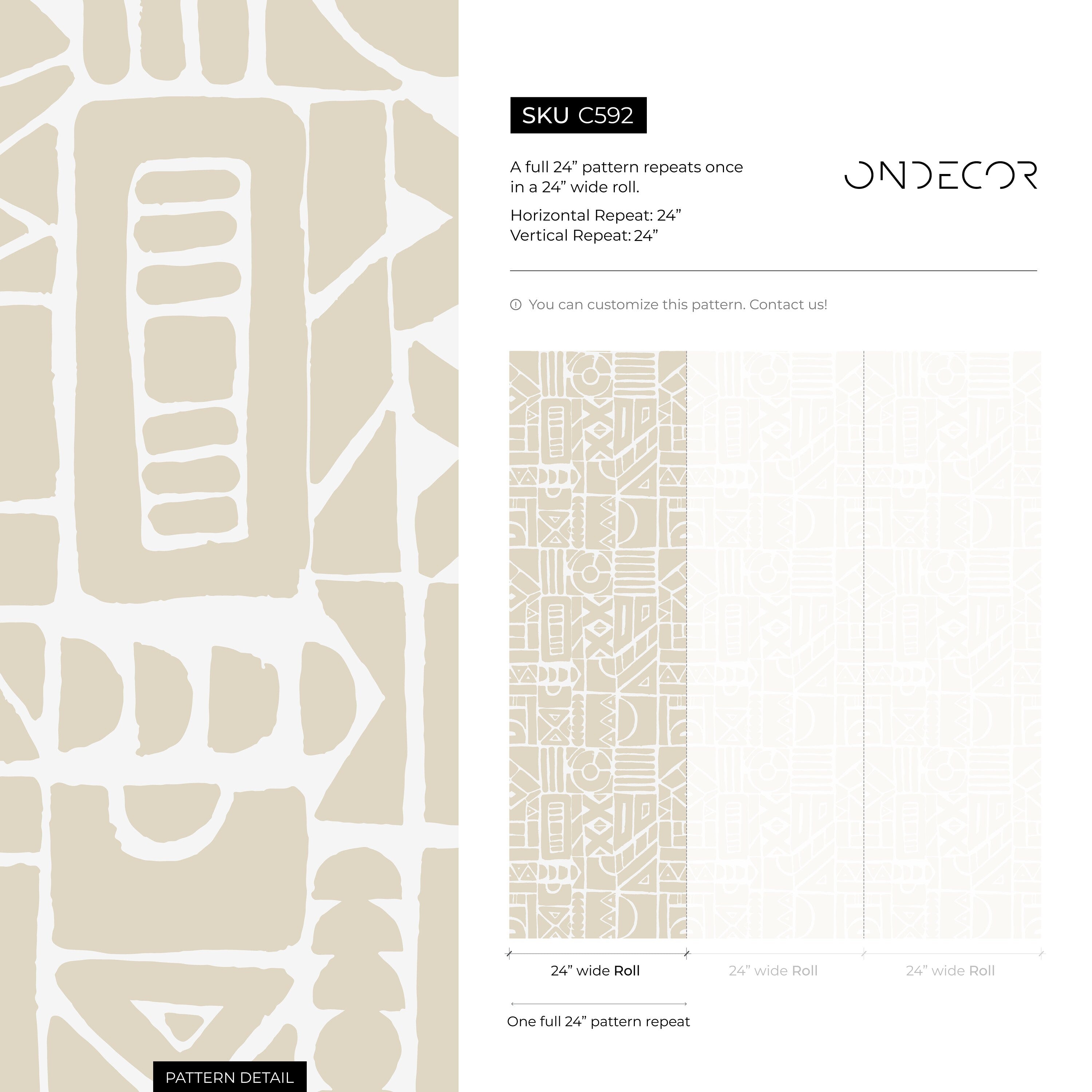 Geometric Wallpaper With A Tribal Block Print Motif In Beige And White - C592