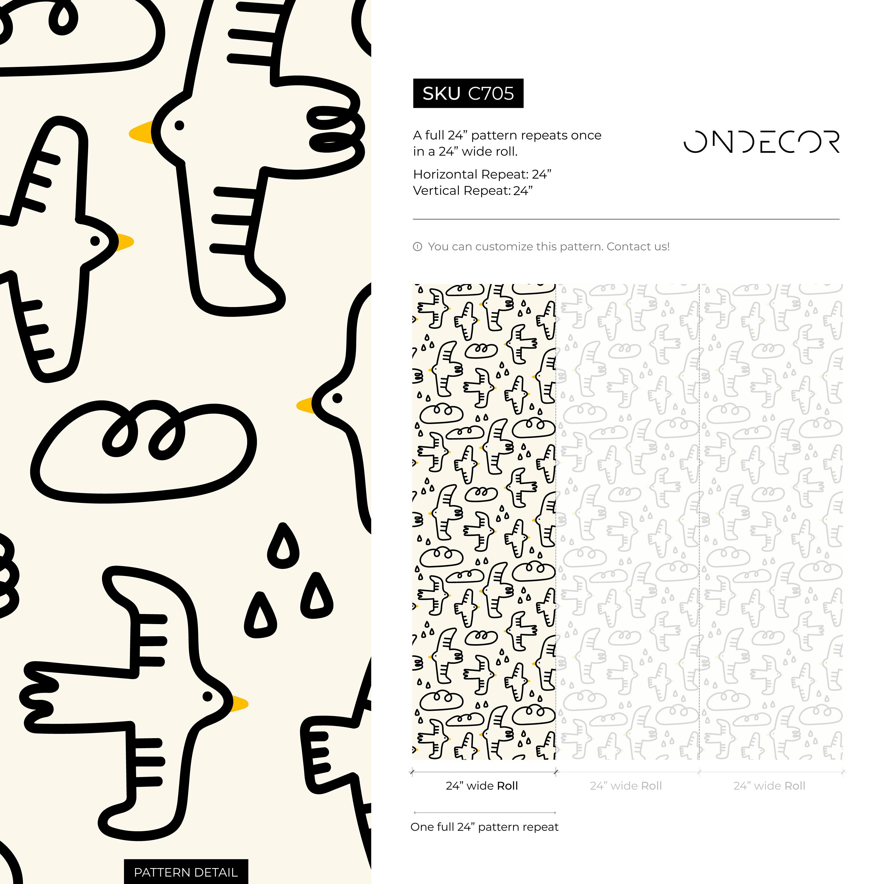 Kids Wallpaper With Hand-drawn Birds And Clouds In Black And Yellow - C705