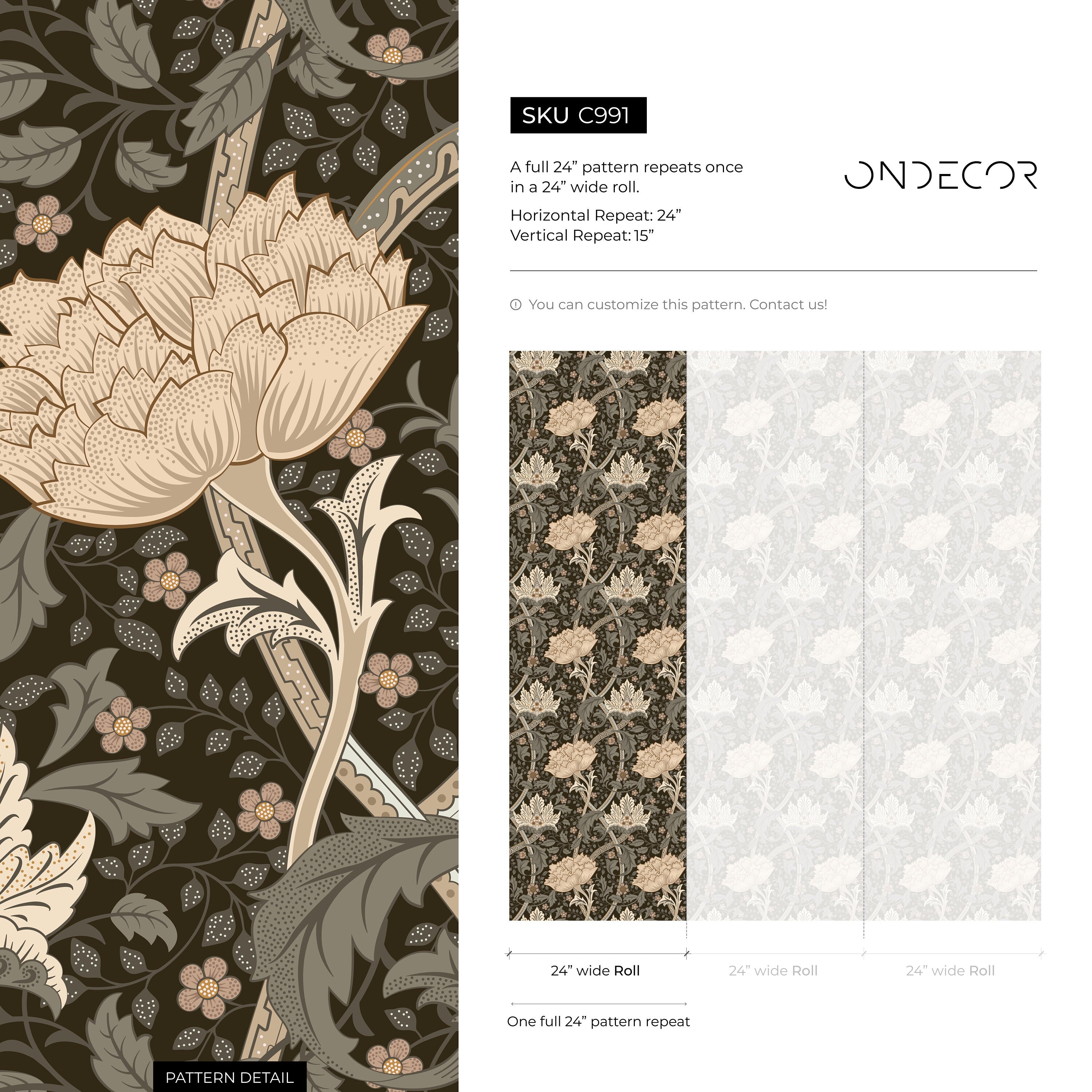 Floral Wallpaper With A William Morris Motif In Taupe, Sage, And Charcoal - C991
