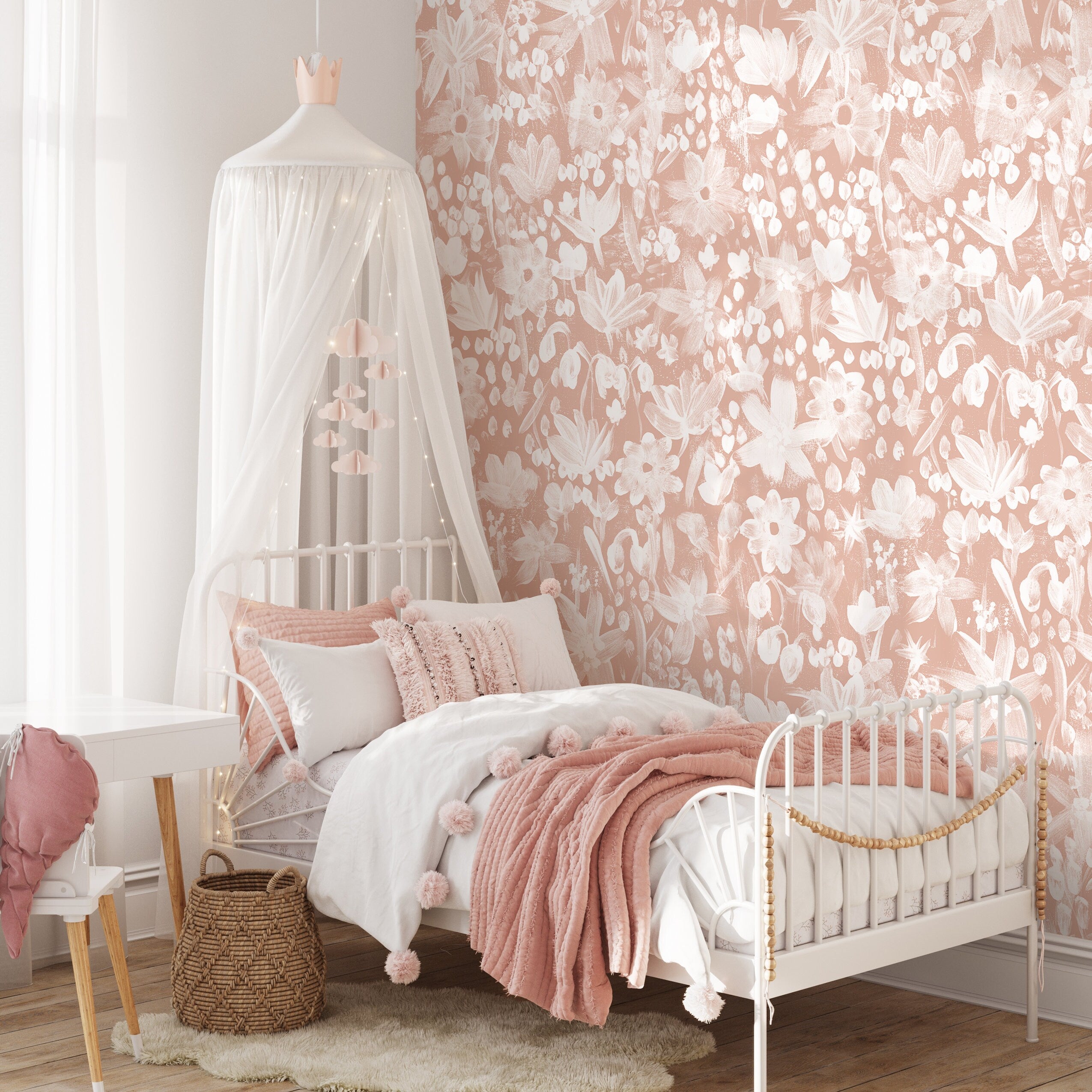 Floral Wallpaper With A Painterly Brushstroke Motif In Pink And Cream - X190