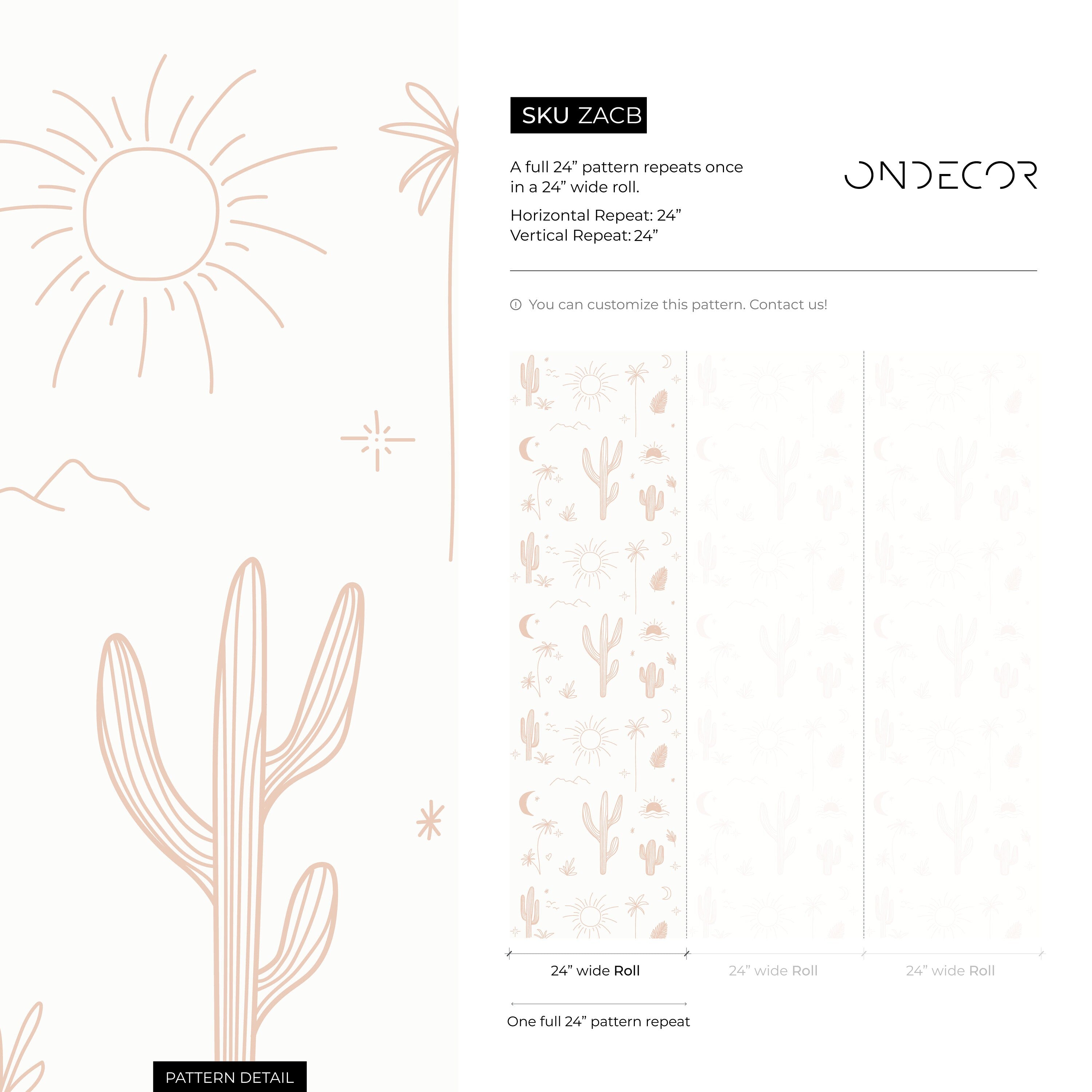 Desert Wallpaper With A Minimalist Cactus And Sun Motif In Light Terracotta - Zacb