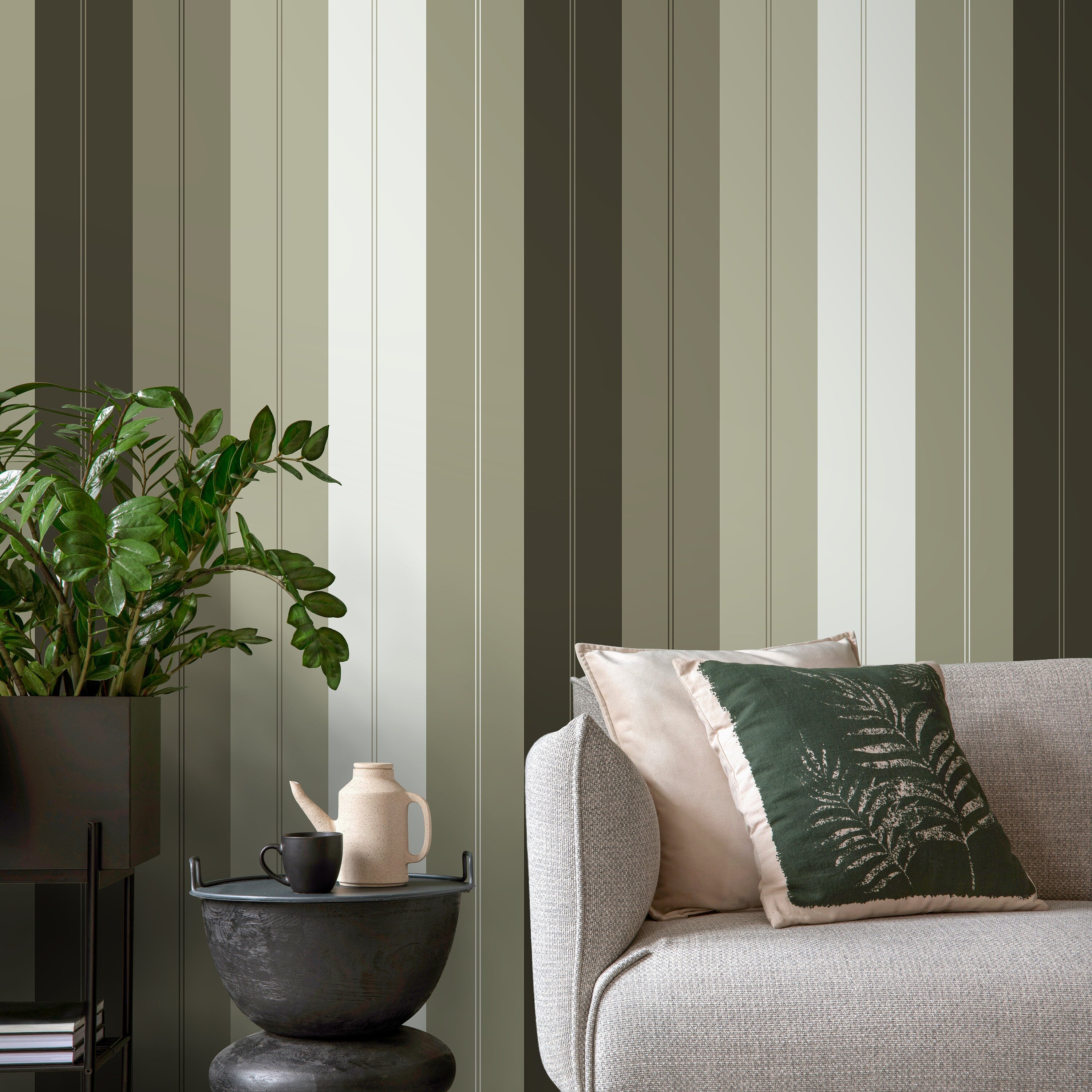 Striped Wallpaper With A Beadboard Panel Effect In Green, Gray, And Charcoal - D842