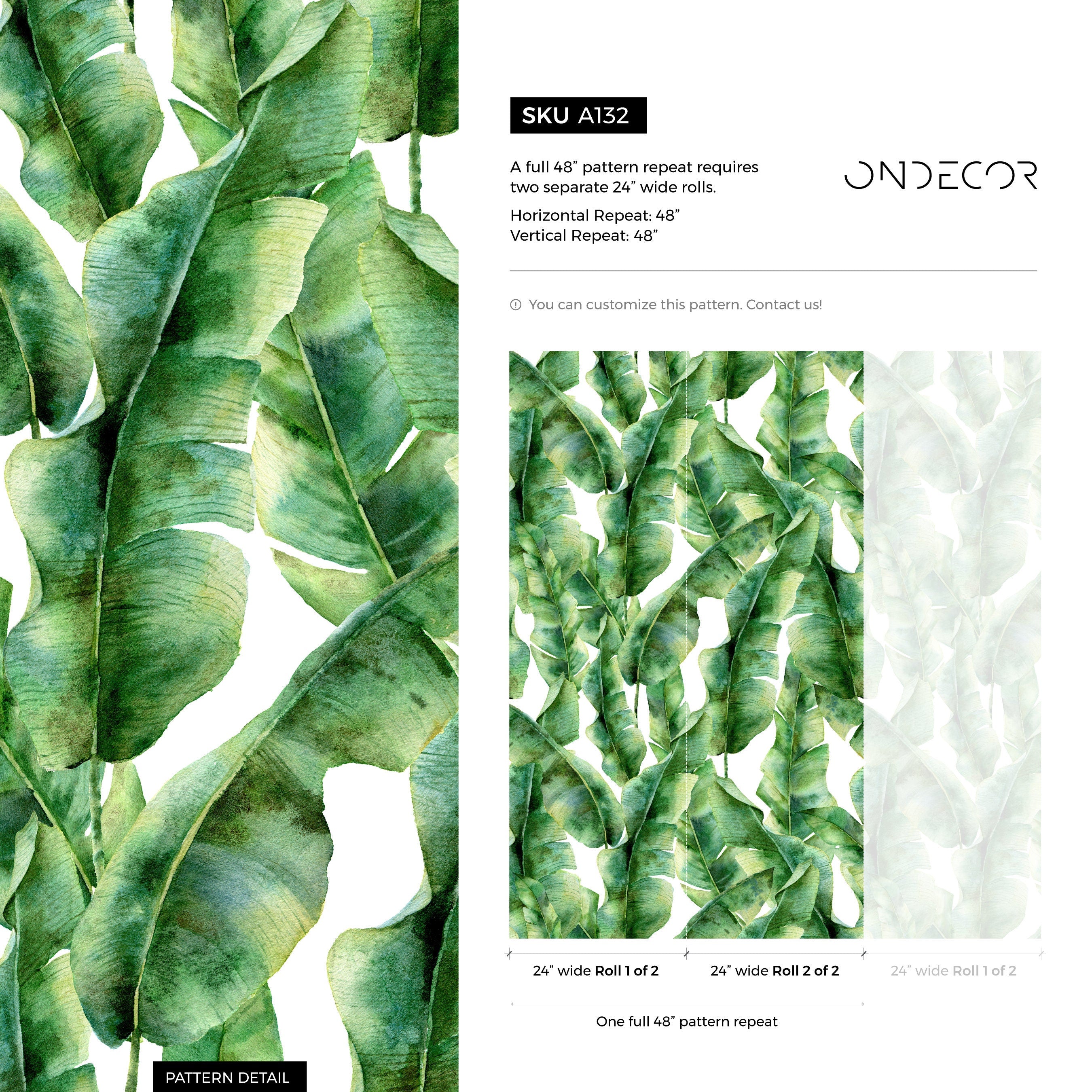Botanical Wallpaper With Watercolor Banana Leaves In Green And Yellow - A132