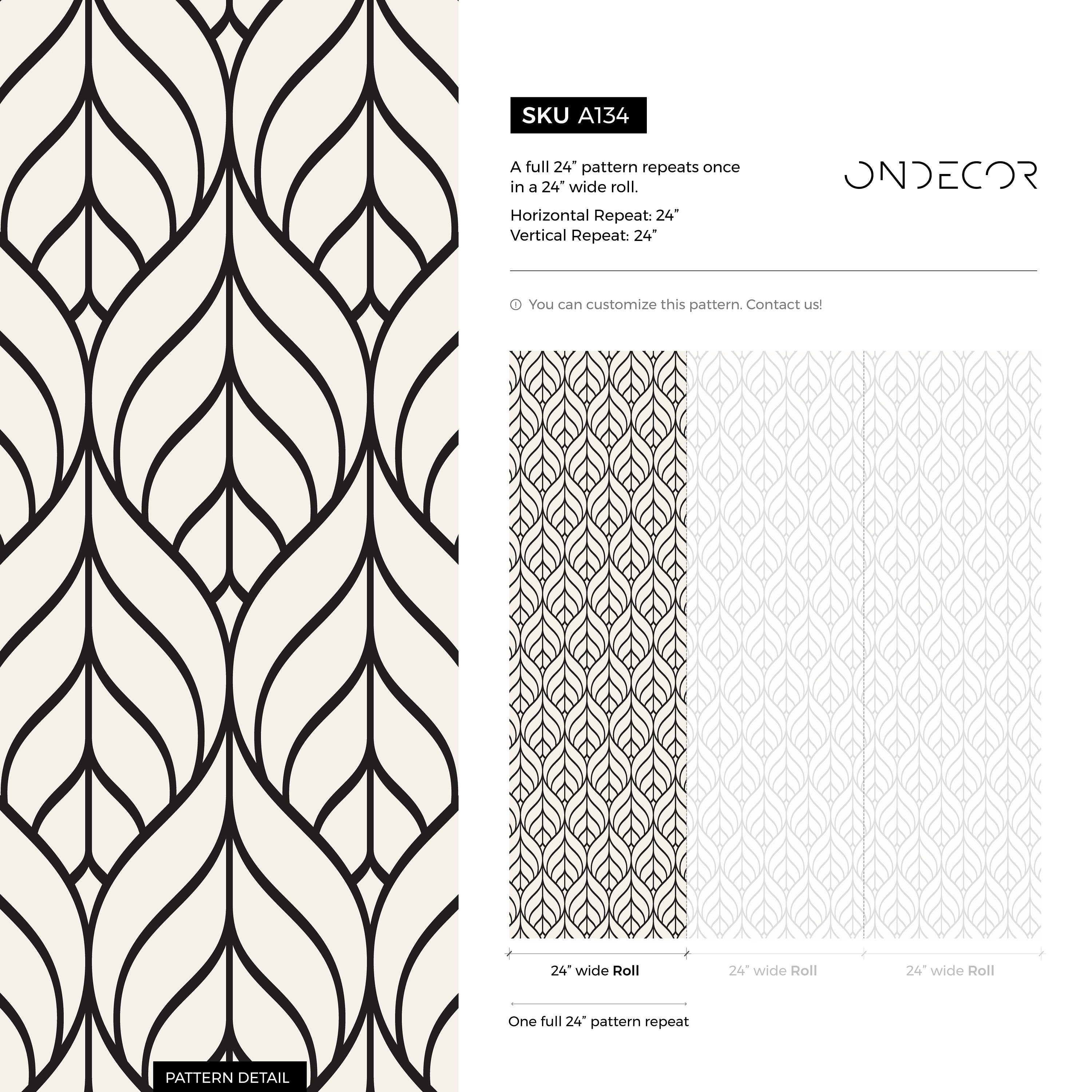 Art Deco Wallpaper With A Stylized Leaf Motif In Black And Gray - A134