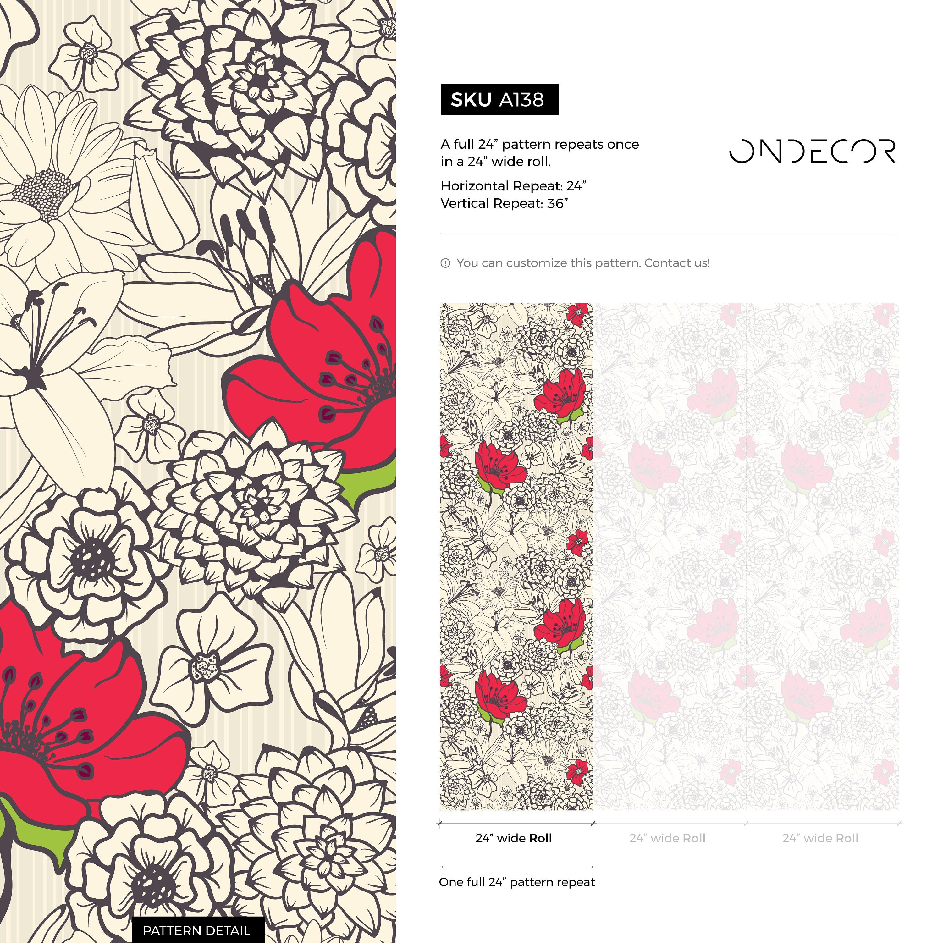 Floral Wallpaper With A Graphic Line Art Motif In Red, Black, And Beige - A138