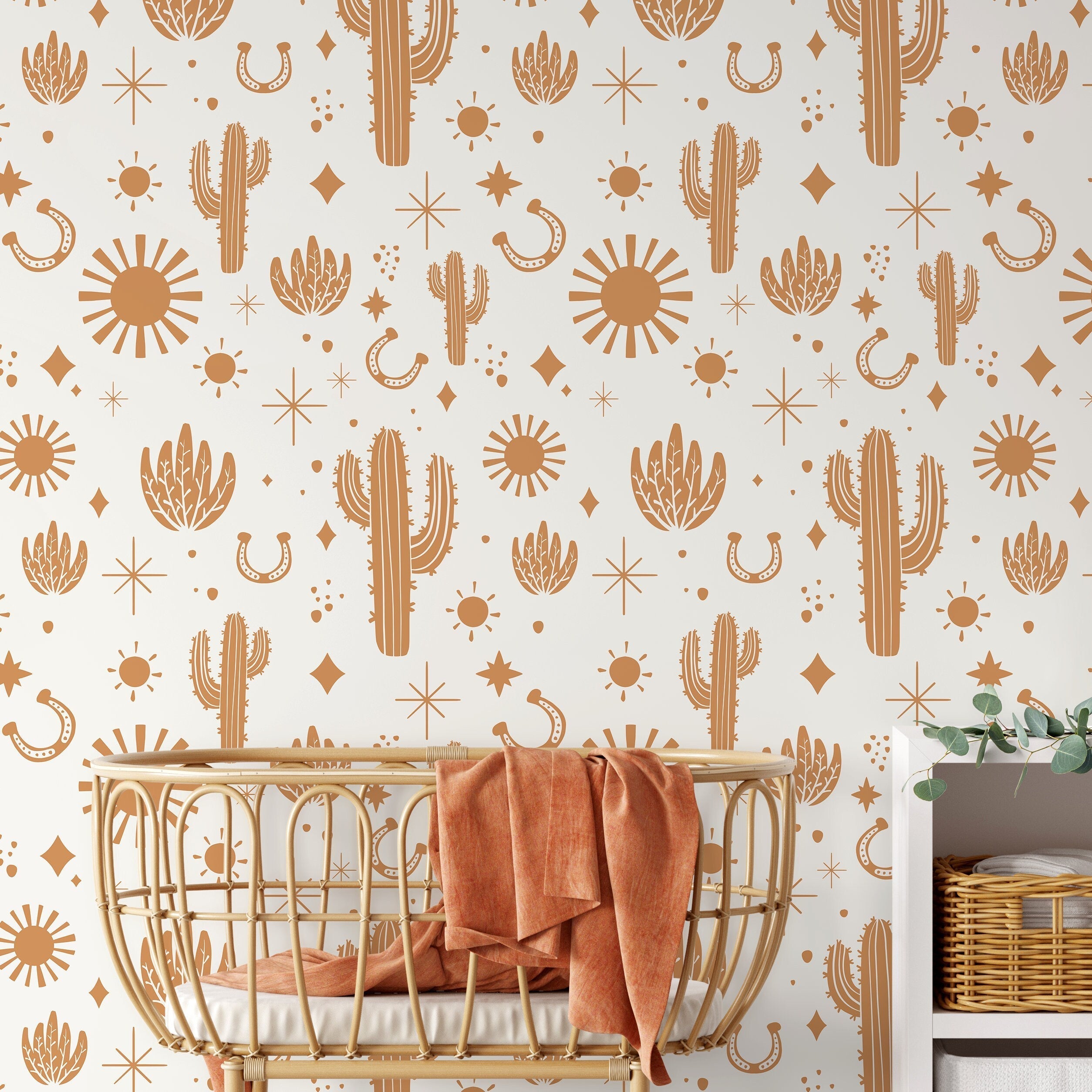 Western Wallpaper With Cacti And Sun Motifs In Orange - D827