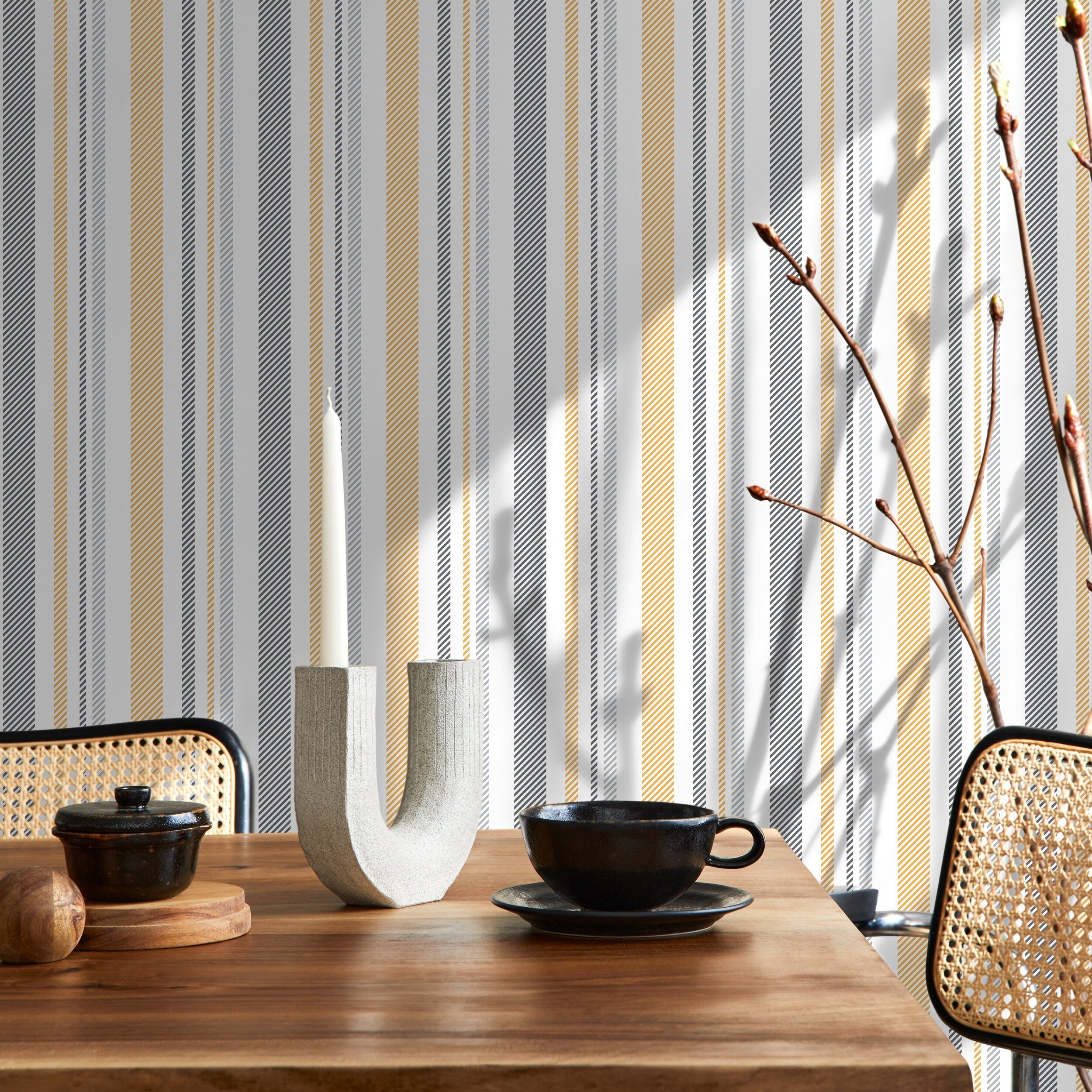 Striped Wallpaper Featuring Textured Stripes In Yellow And Grey - D843