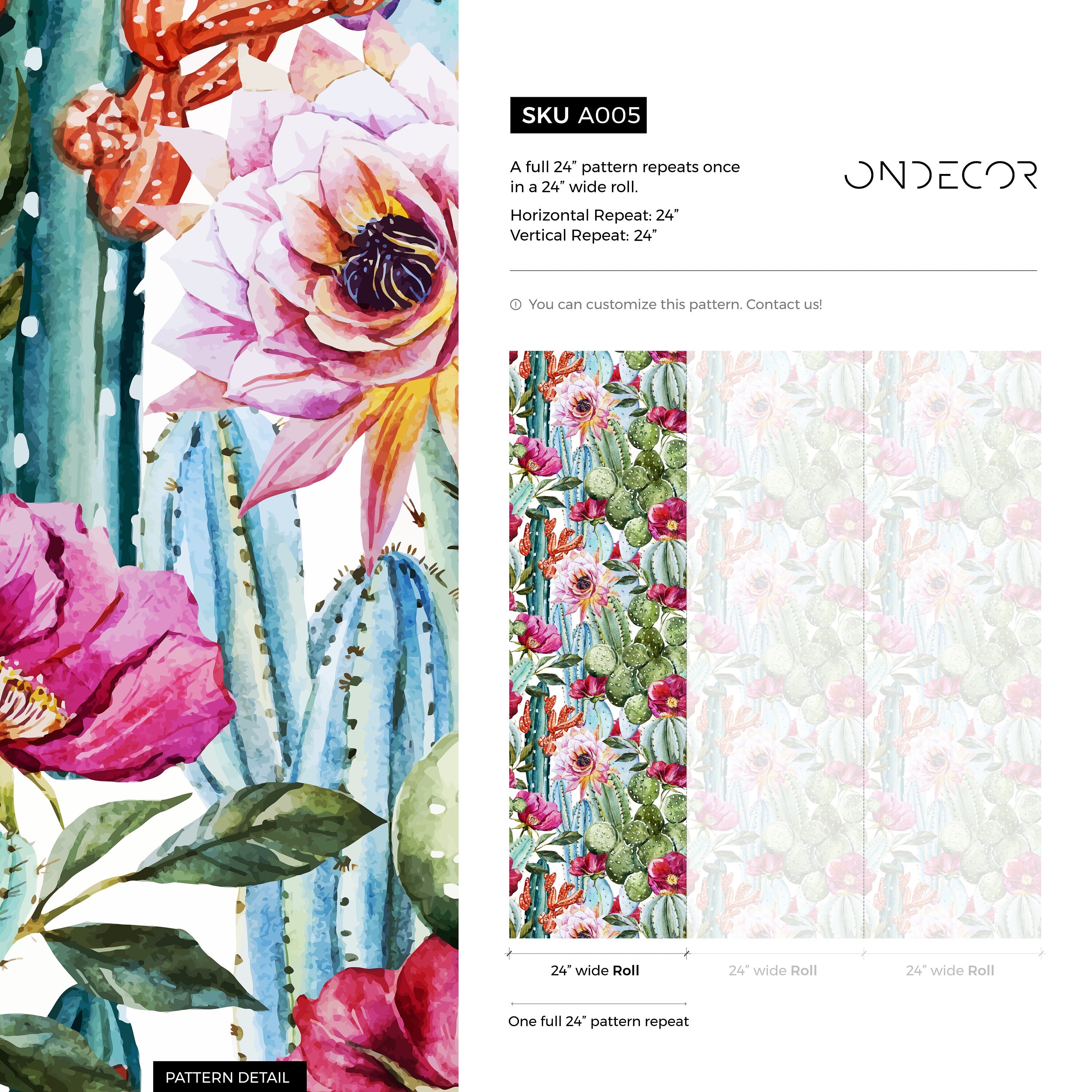 Botanical Wallpaper With Watercolor Cactus Blooms In Green And Pink - A005