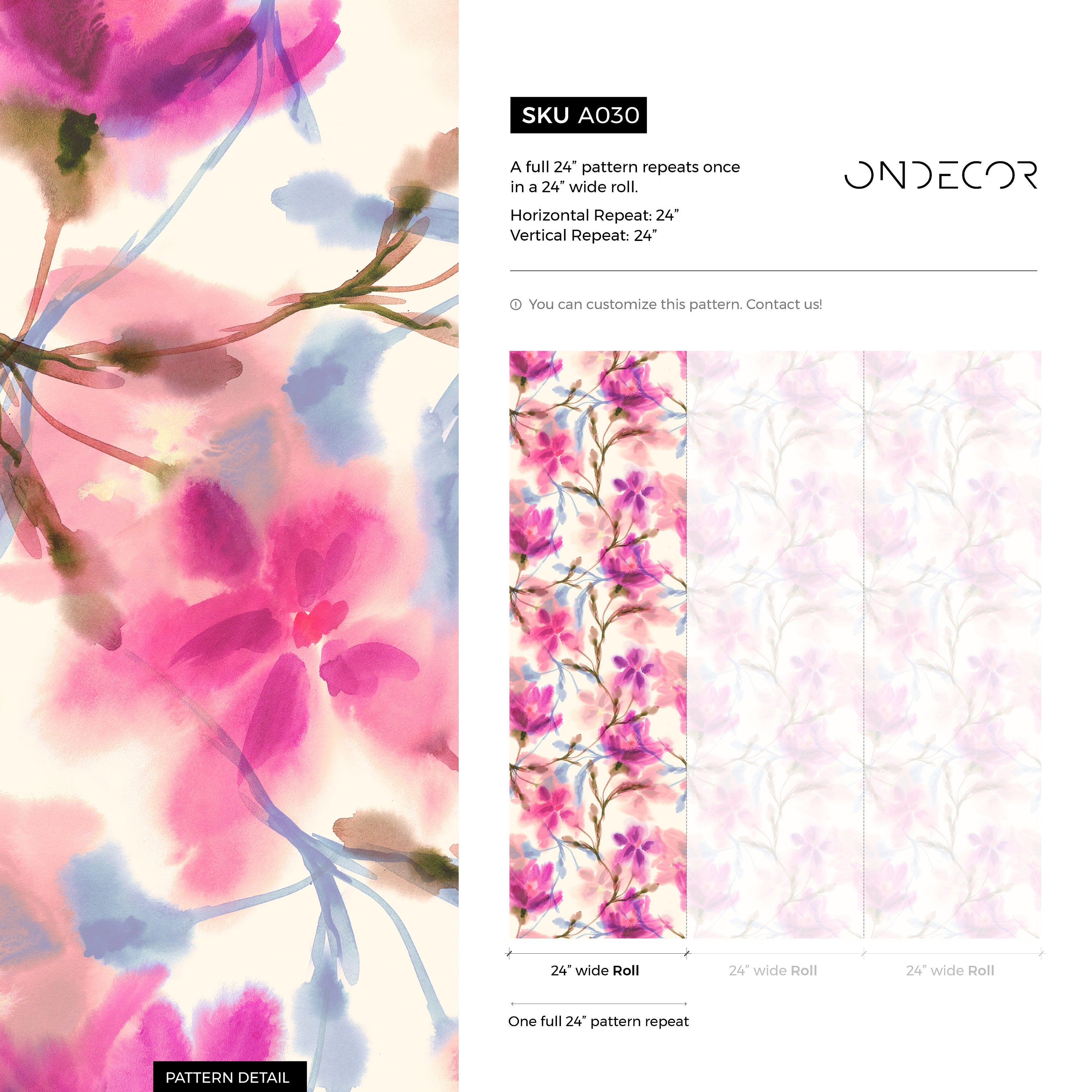 Floral Wallpaper With A Watercolor Motif In Pink, Magenta, And Blue - A030