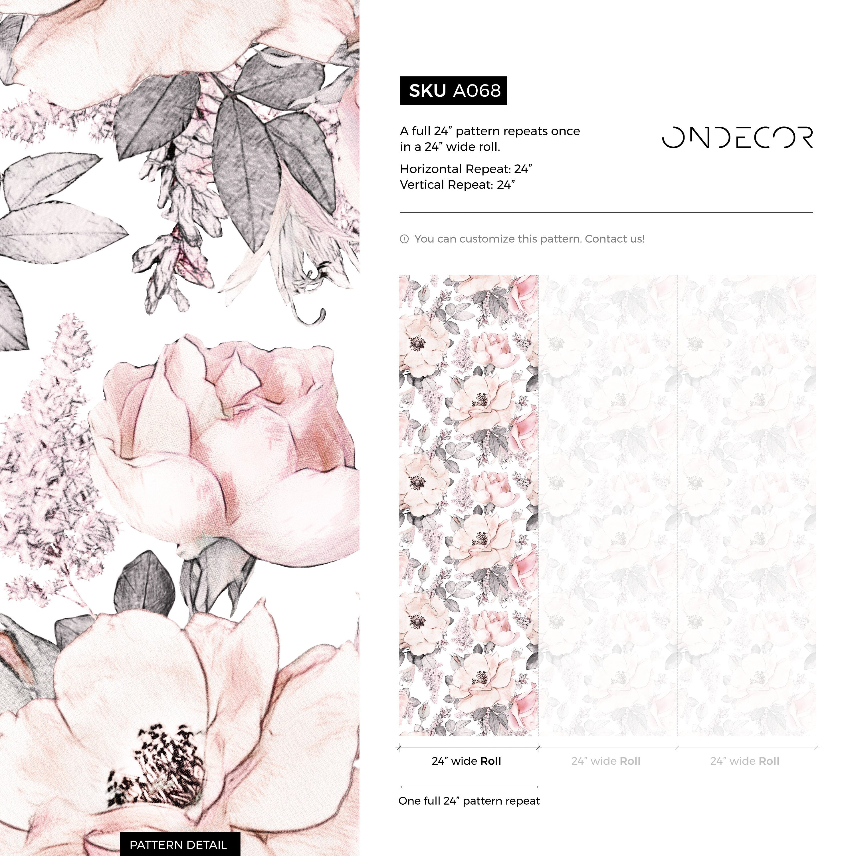 Floral Wallpaper Featuring Sketched Roses In Pink And Gray - A068