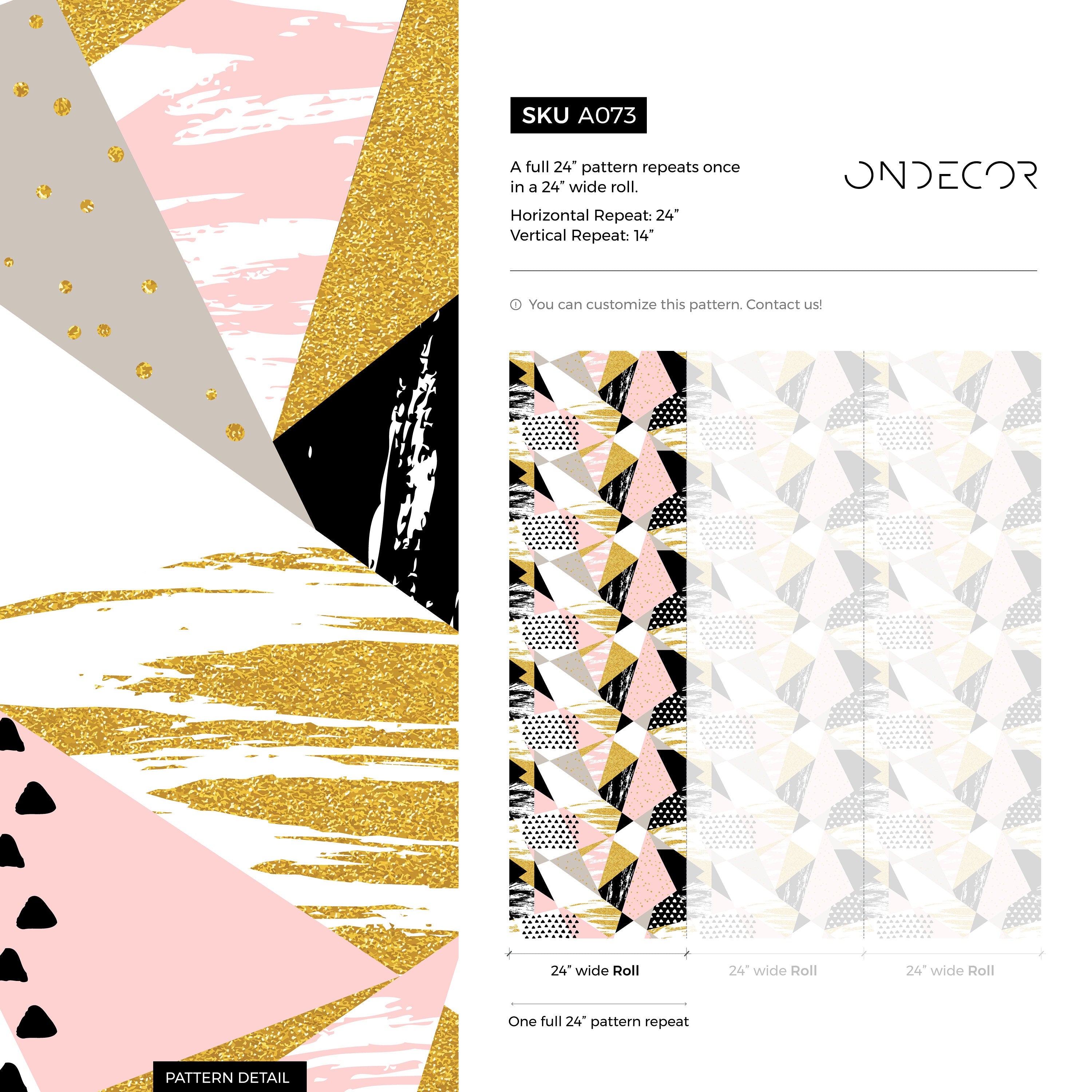 Geometric Wallpaper With A Textured Triangle Collage In Pink, Gold, And Black - A073
