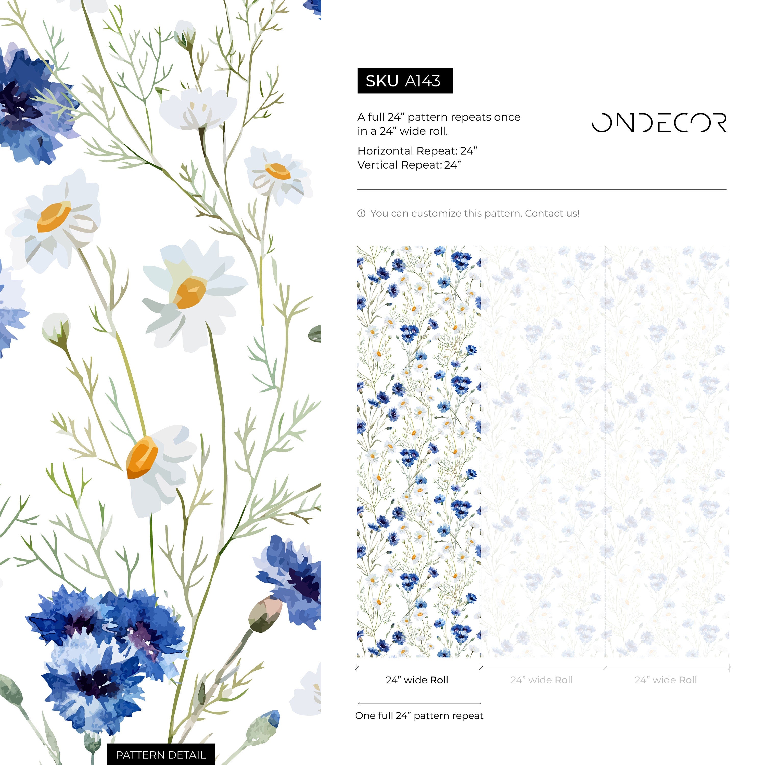 Floral Wallpaper With Cornflowers And Daisies In Blue And Green - A143