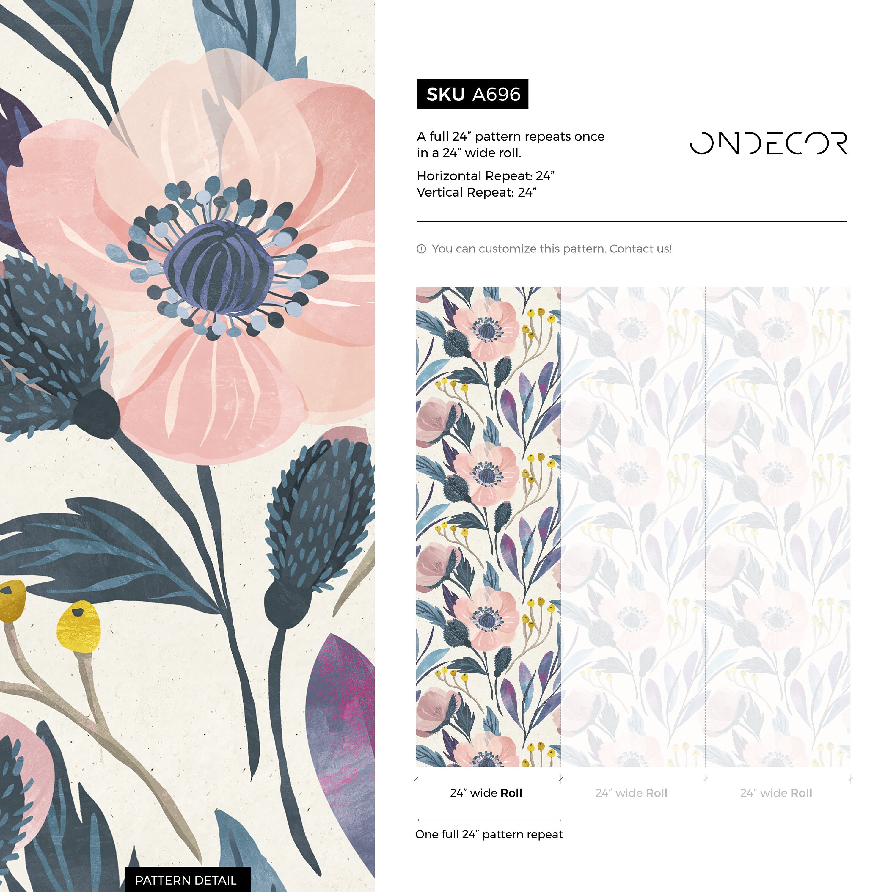 Floral Wallpaper With Modern Painted Anemones In Pink, Blue, And Yellow - A696