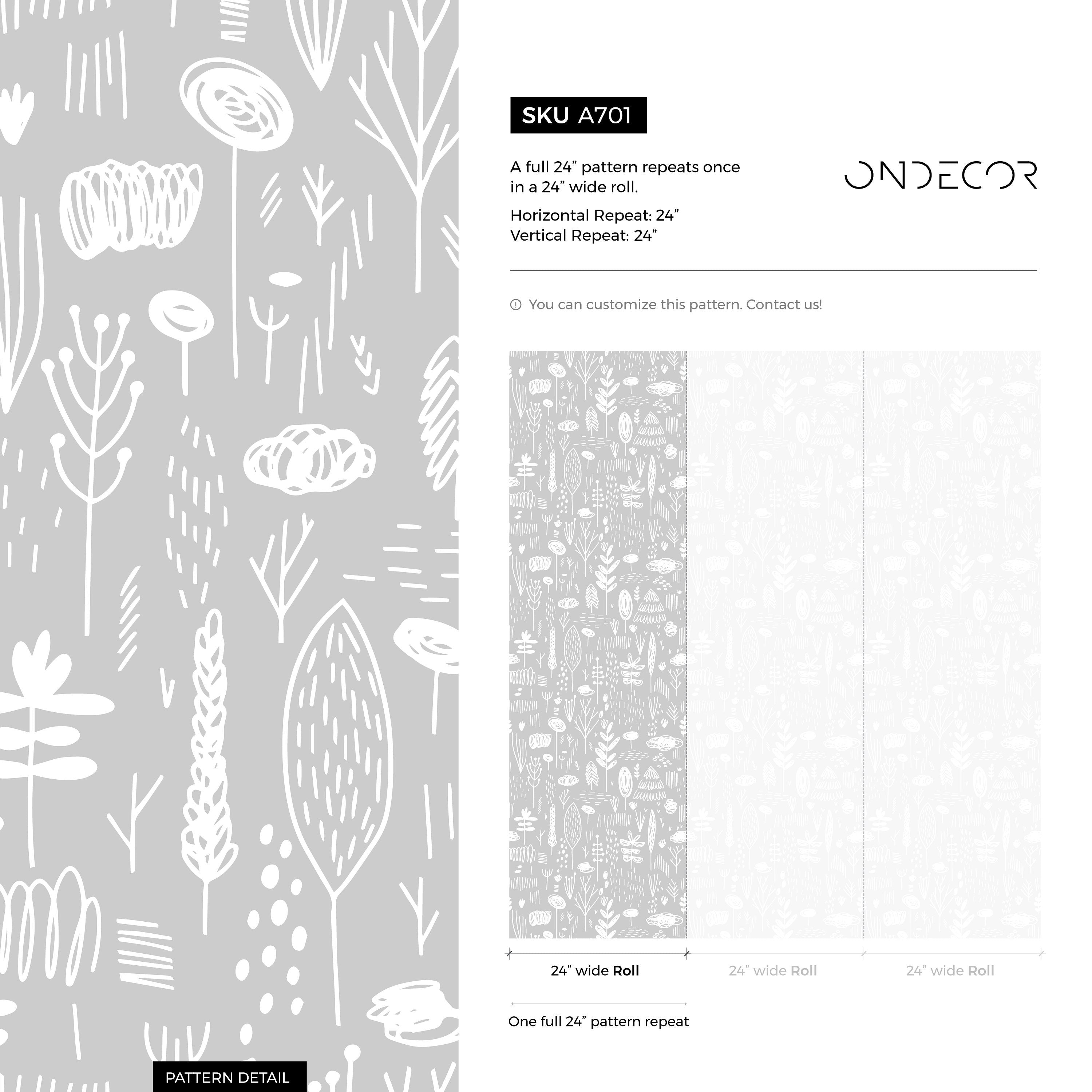 Scandinavian Wallpaper With Hand-drawn Woodland Motifs In Gray And White - A701