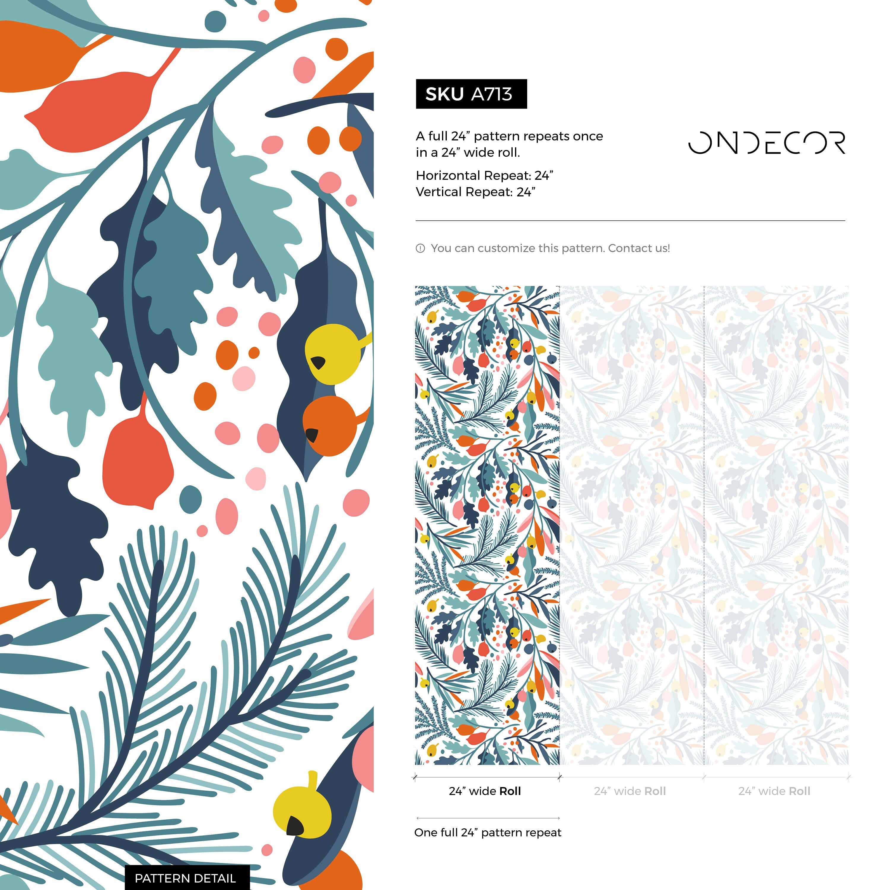 Botanical Wallpaper With Colorful Leaves And Berries In Blue, Orange, And Pink - A713