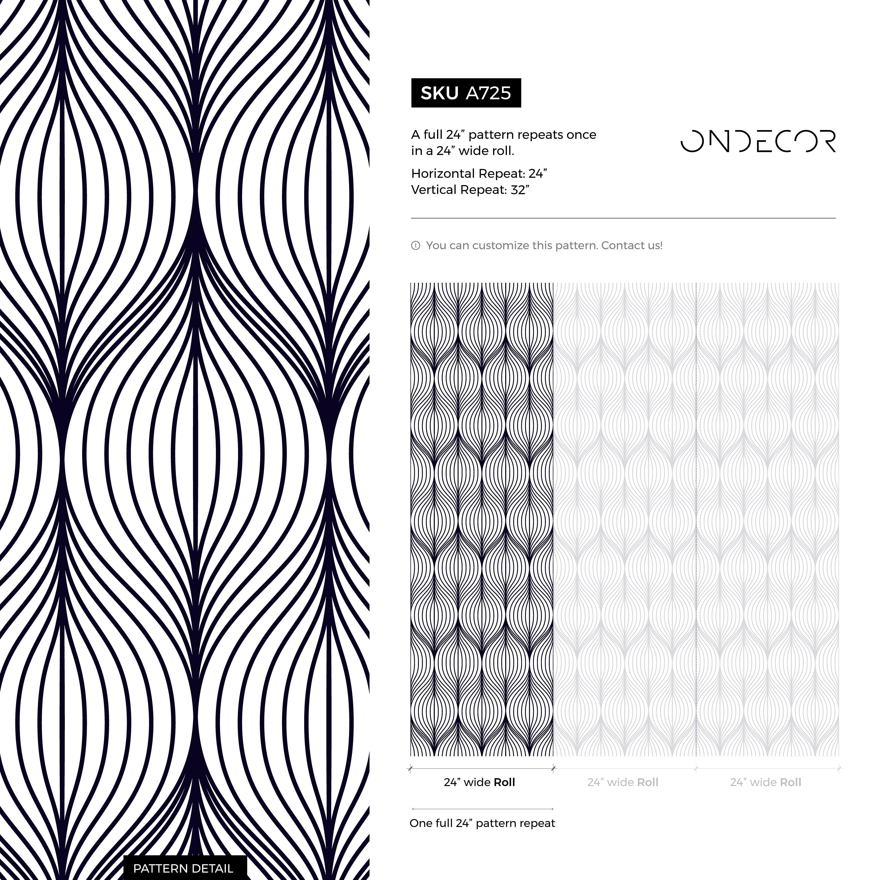 Geometric Wallpaper With Wavy Art Deco Lines In Black - A725