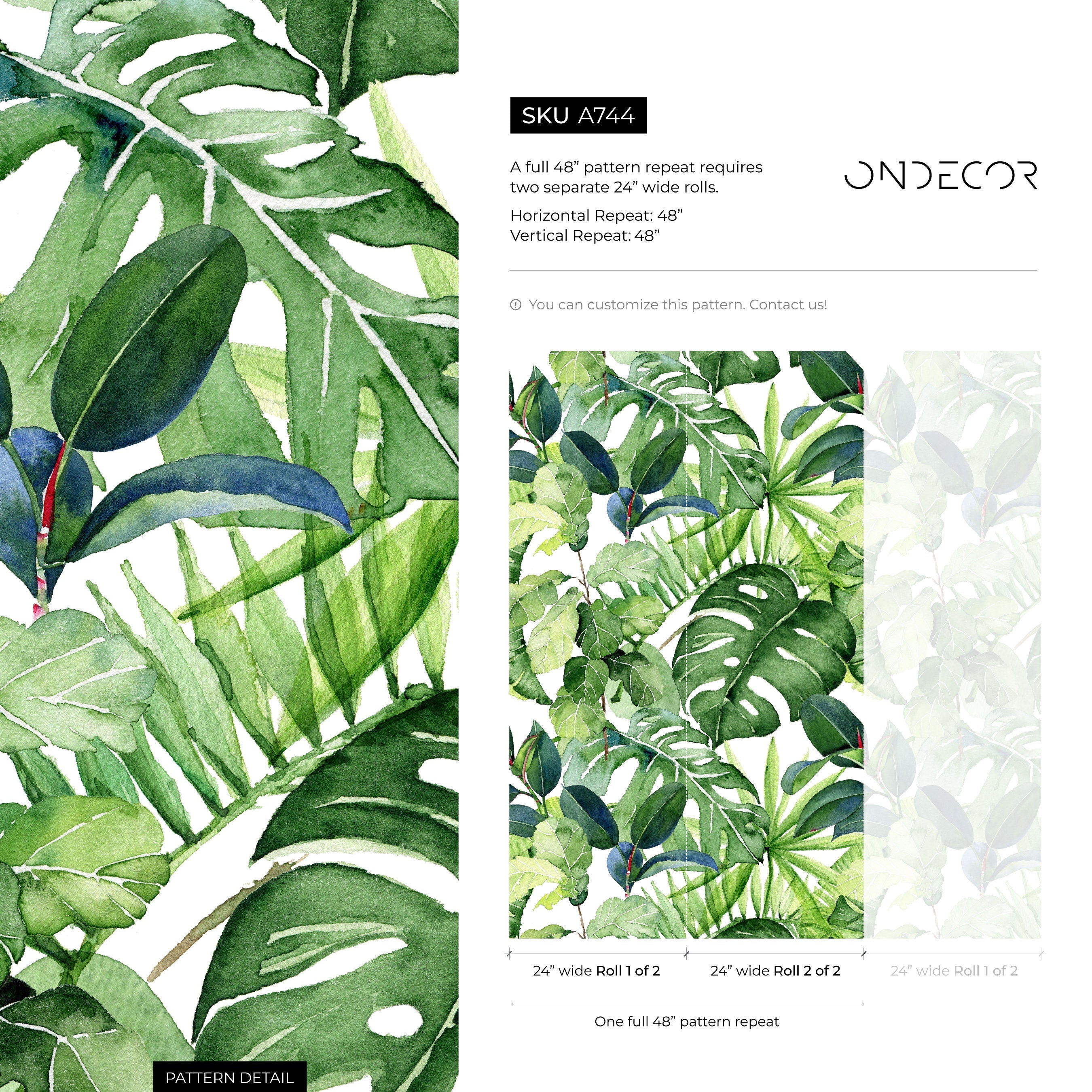 Tropical Wallpaper With A Lush Watercolor Leaf Motif In Green - A744