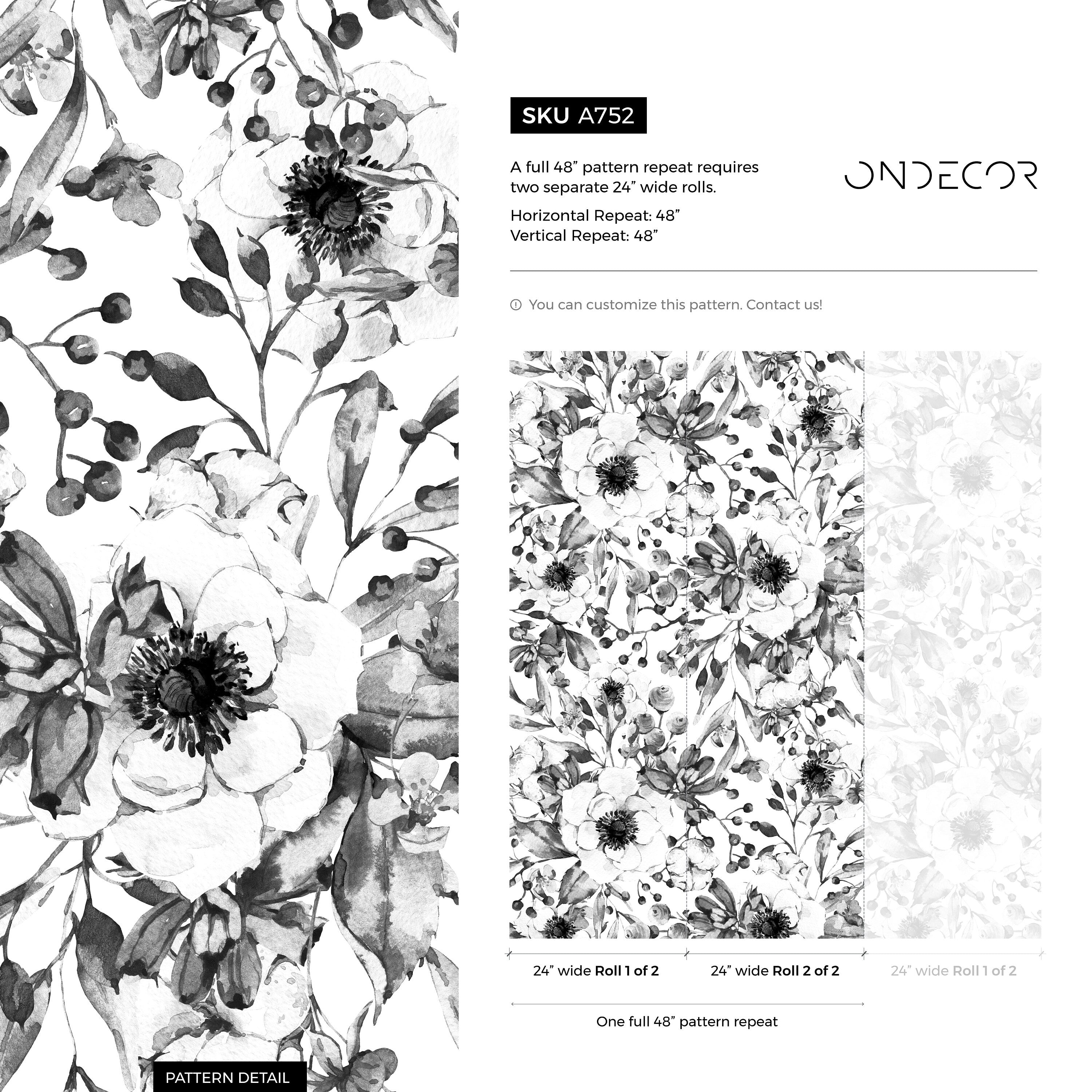Floral Wallpaper With A Watercolor Anemone Motif In Black And White - A752