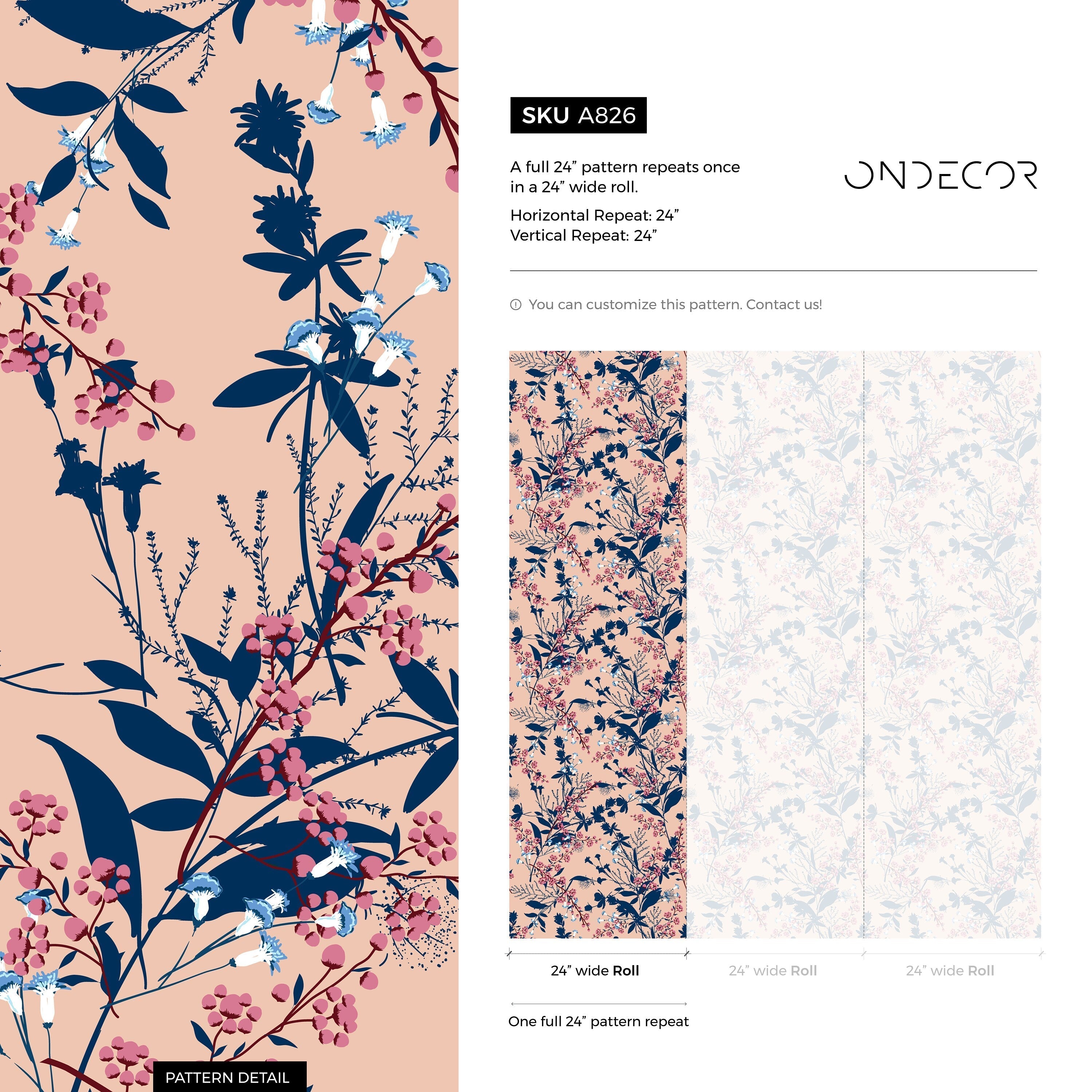 Botanical Wallpaper With Delicate Wildflowers In Navy Blue, Pink, And Beige - A826