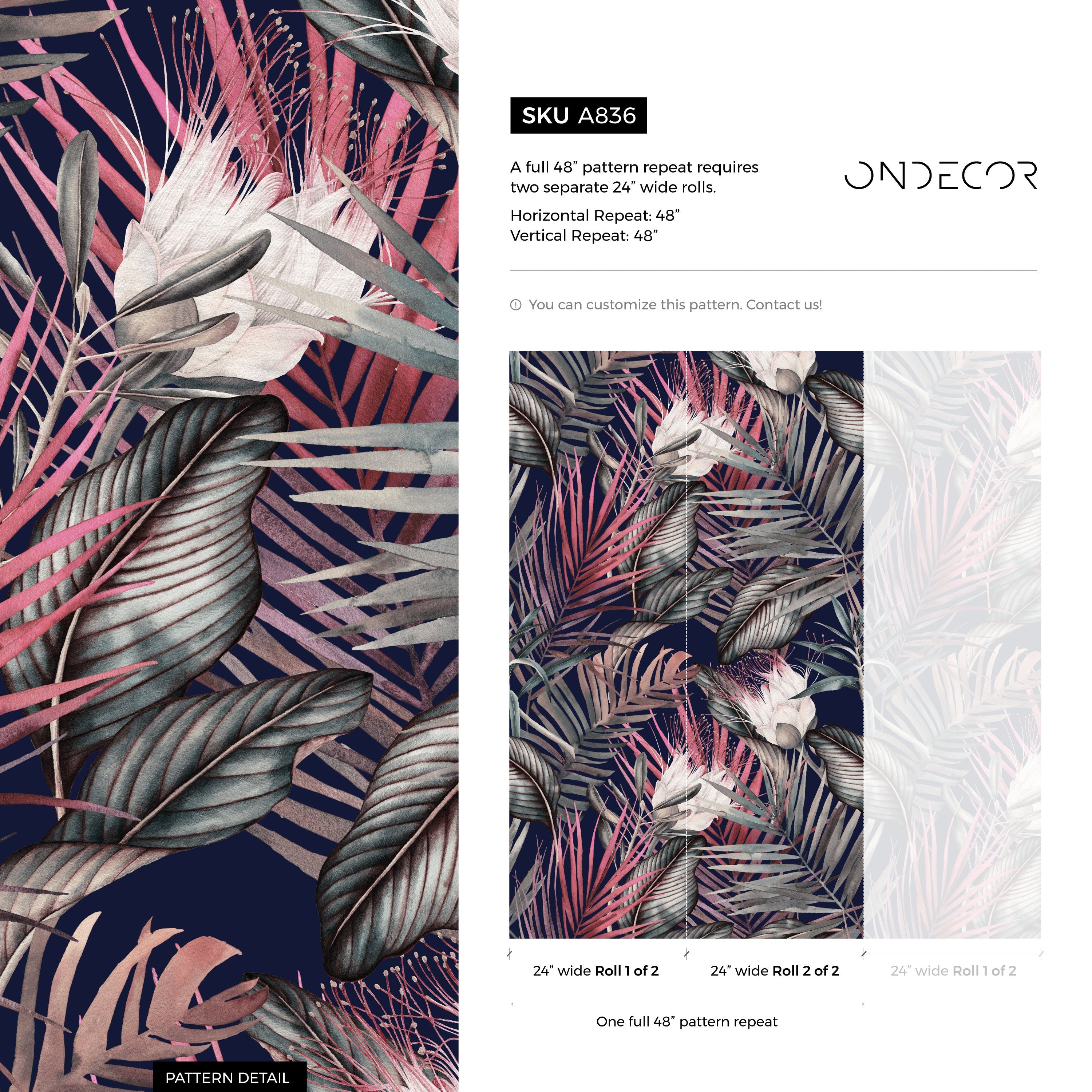 Tropical Wallpaper With Moody Jungle Leaves And Flowers In Navy, Pink, And Grey - A836