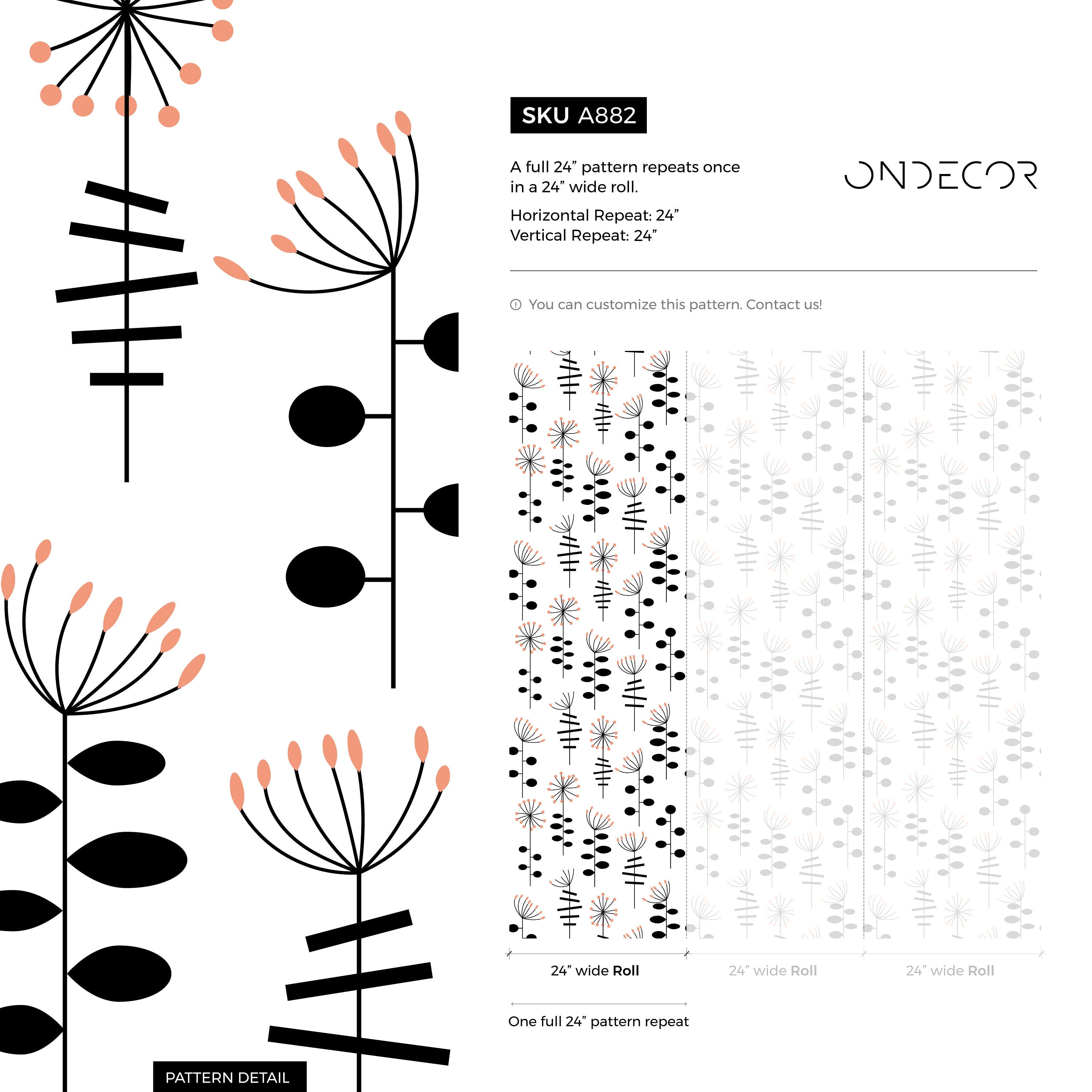 Abstract Floral Wallpaper With Stylized Botanicals In Black And Terracotta - A882