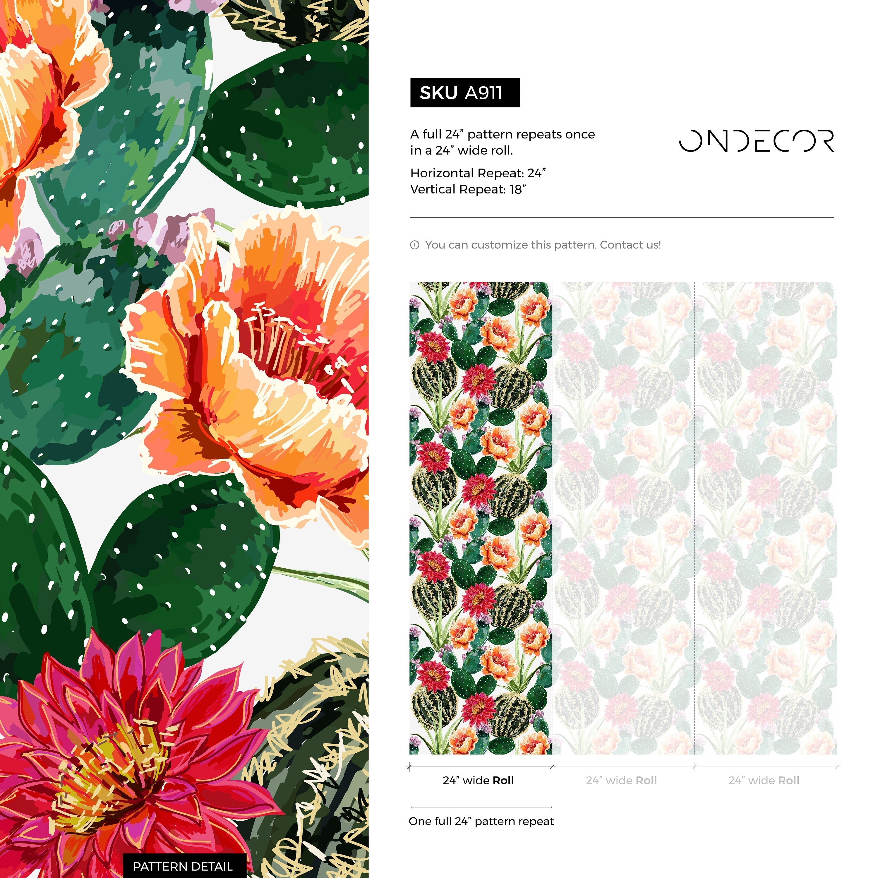 Botanical Wallpaper Featuring Flowering Cacti In Green, Pink, And Orange - A911