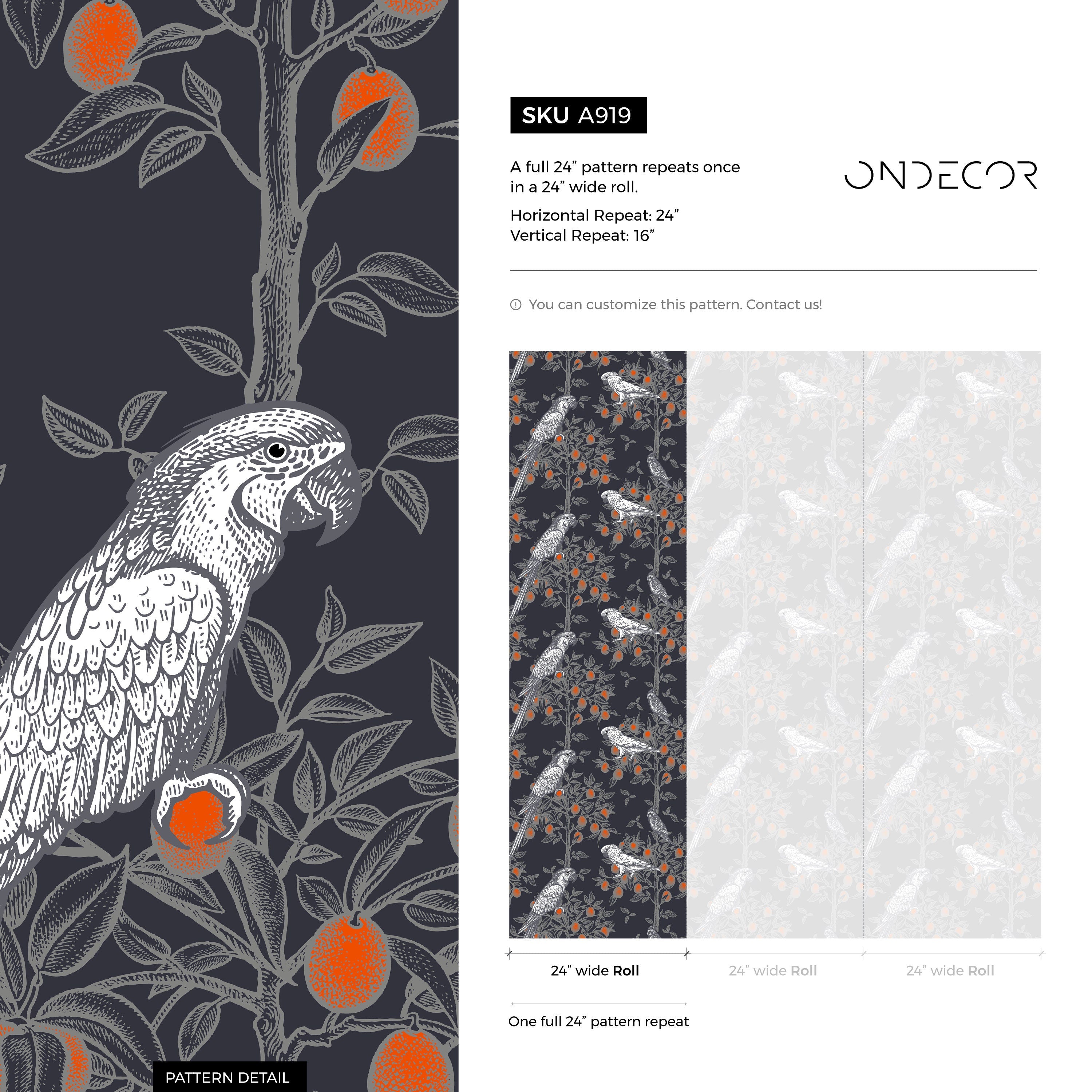 Botanical Wallpaper With Parrots In Orange Trees In Black, Grey, And Orange - A919