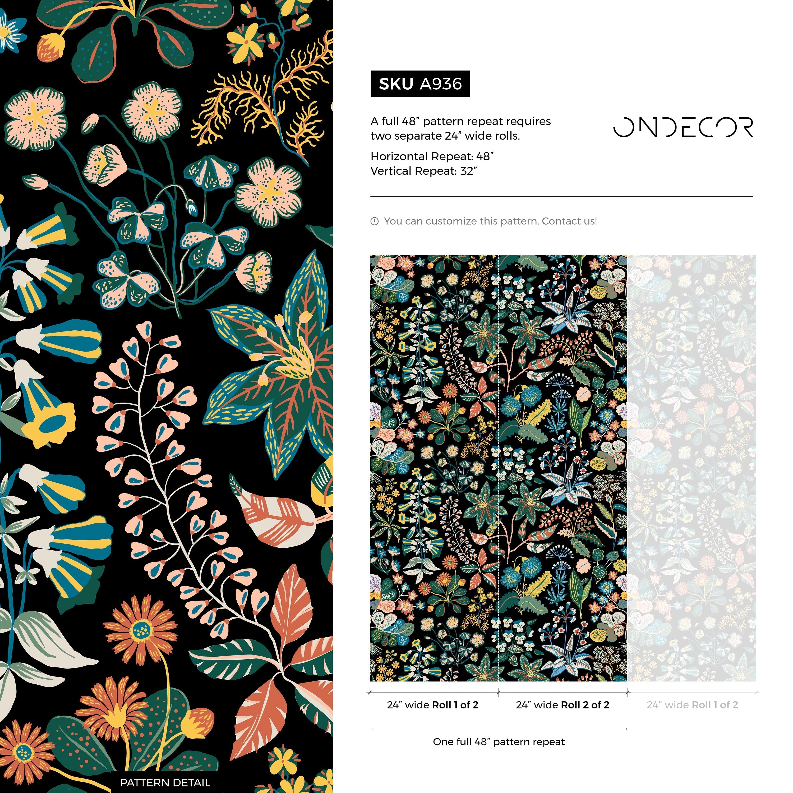 Botanical Wallpaper Featuring A Folk Art Floral Motif In Yellow, Blue, And Green - A936