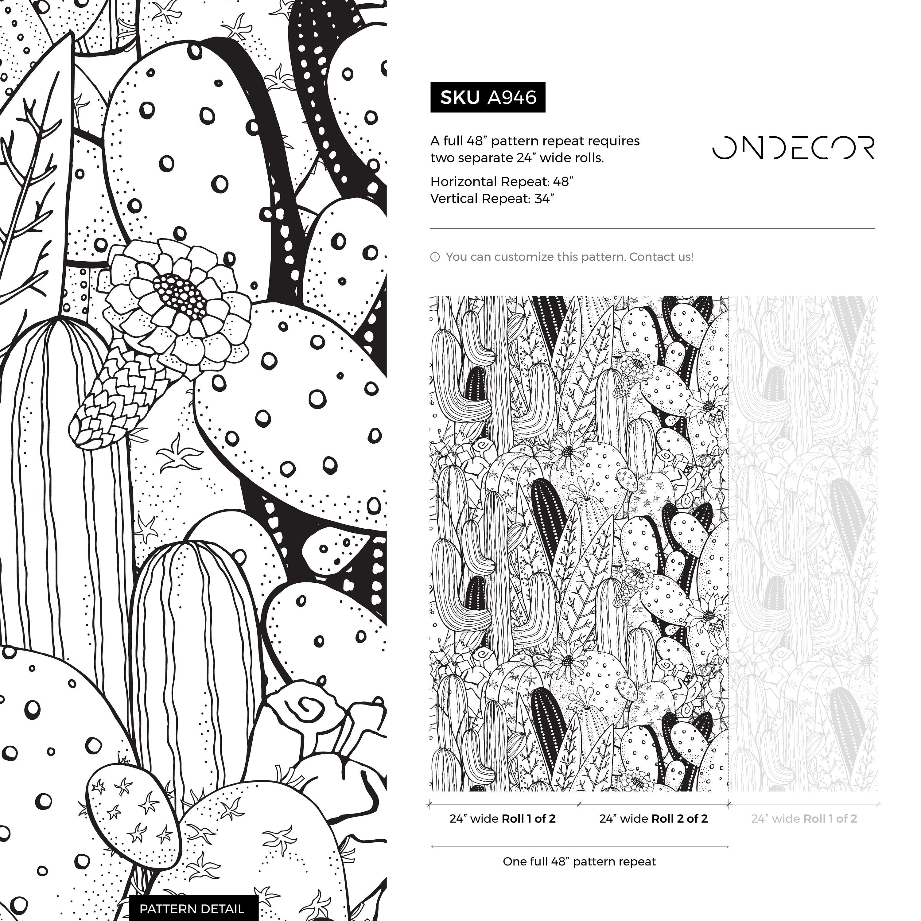 Cactus Wallpaper With A Line Art Desert Motif In Black And White - A946