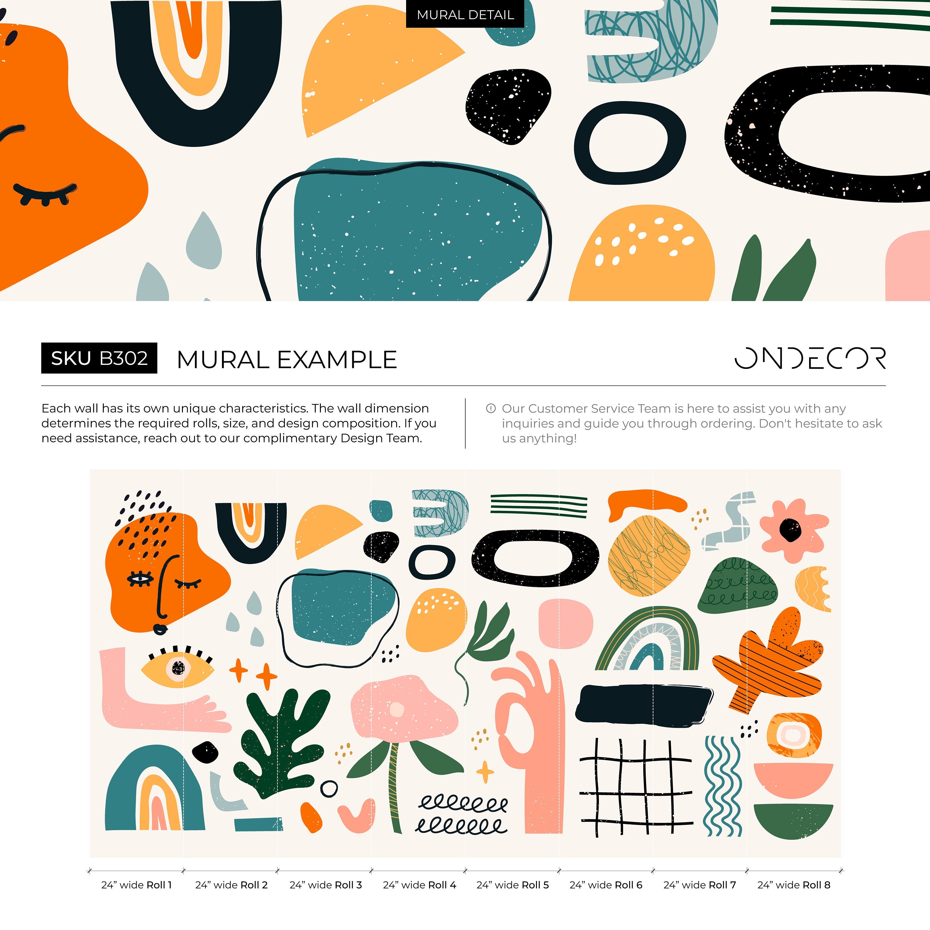 Abstract Wallpaper With Scandinavian Doodles And Shapes In Black, Orange, And Green - B302