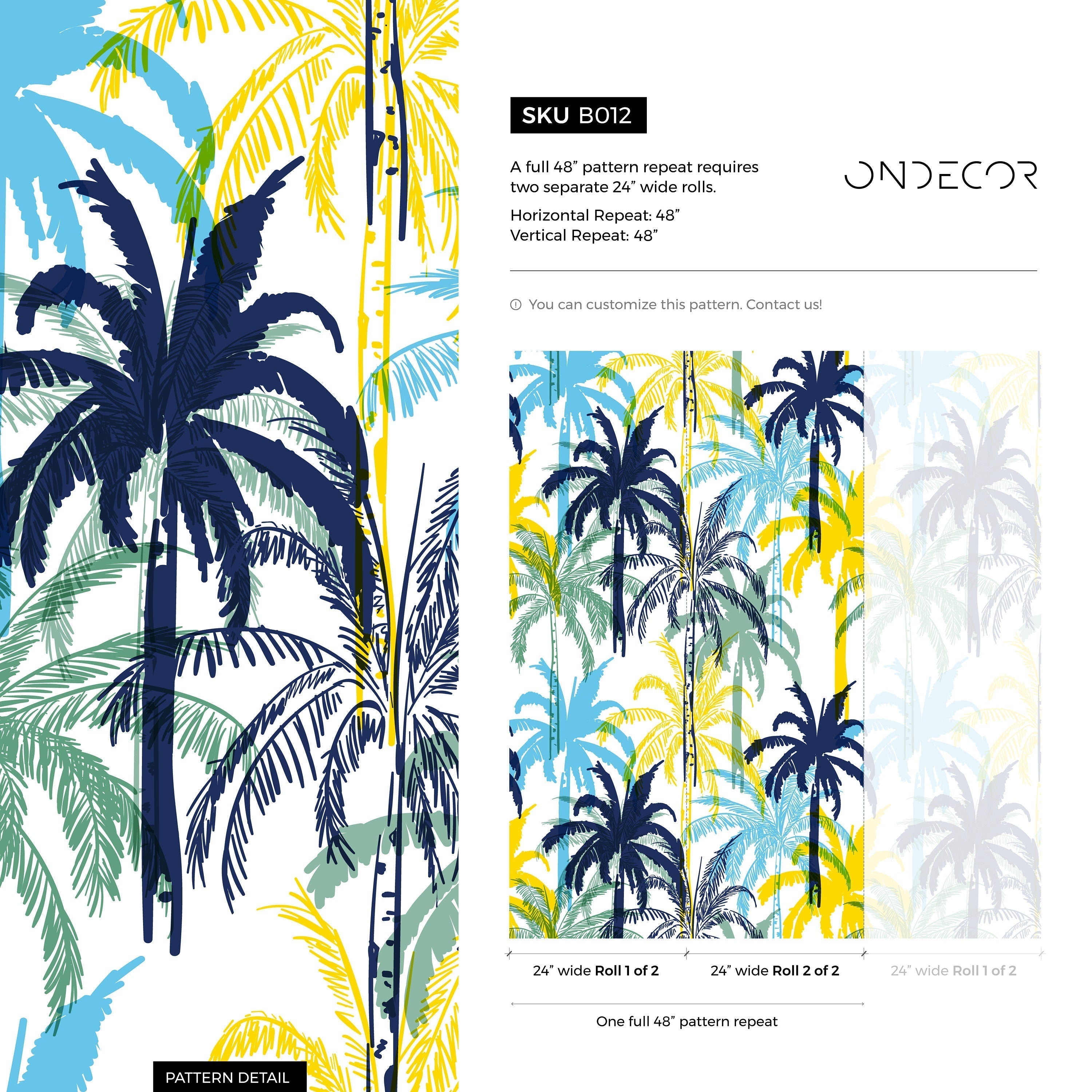 Tropical Wallpaper With Stylized Palm Trees In Blue, Yellow, And Green - B012