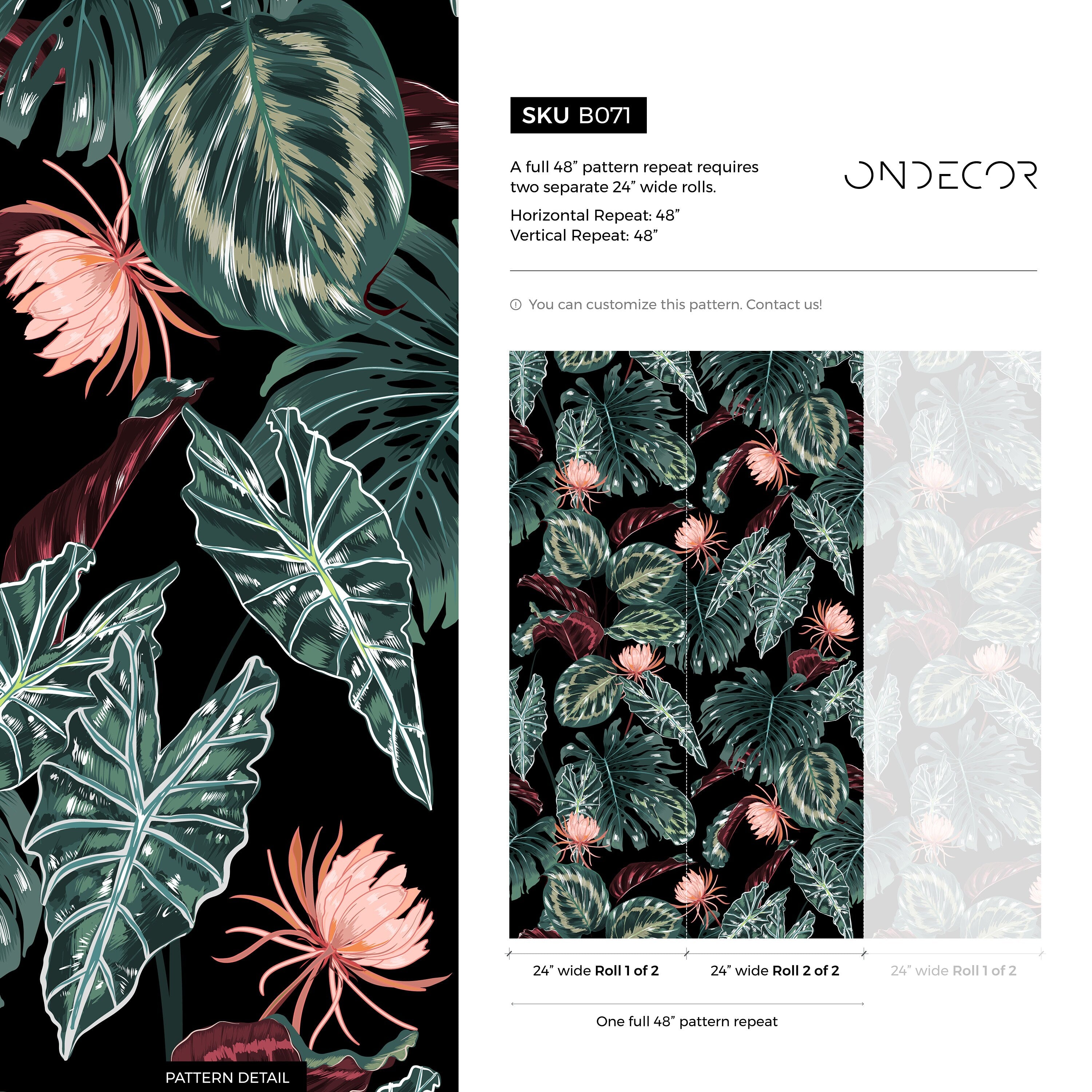 Tropical Wallpaper With Exotic Jungle Leaves And Flowers In Green, Pink, And Black - B071