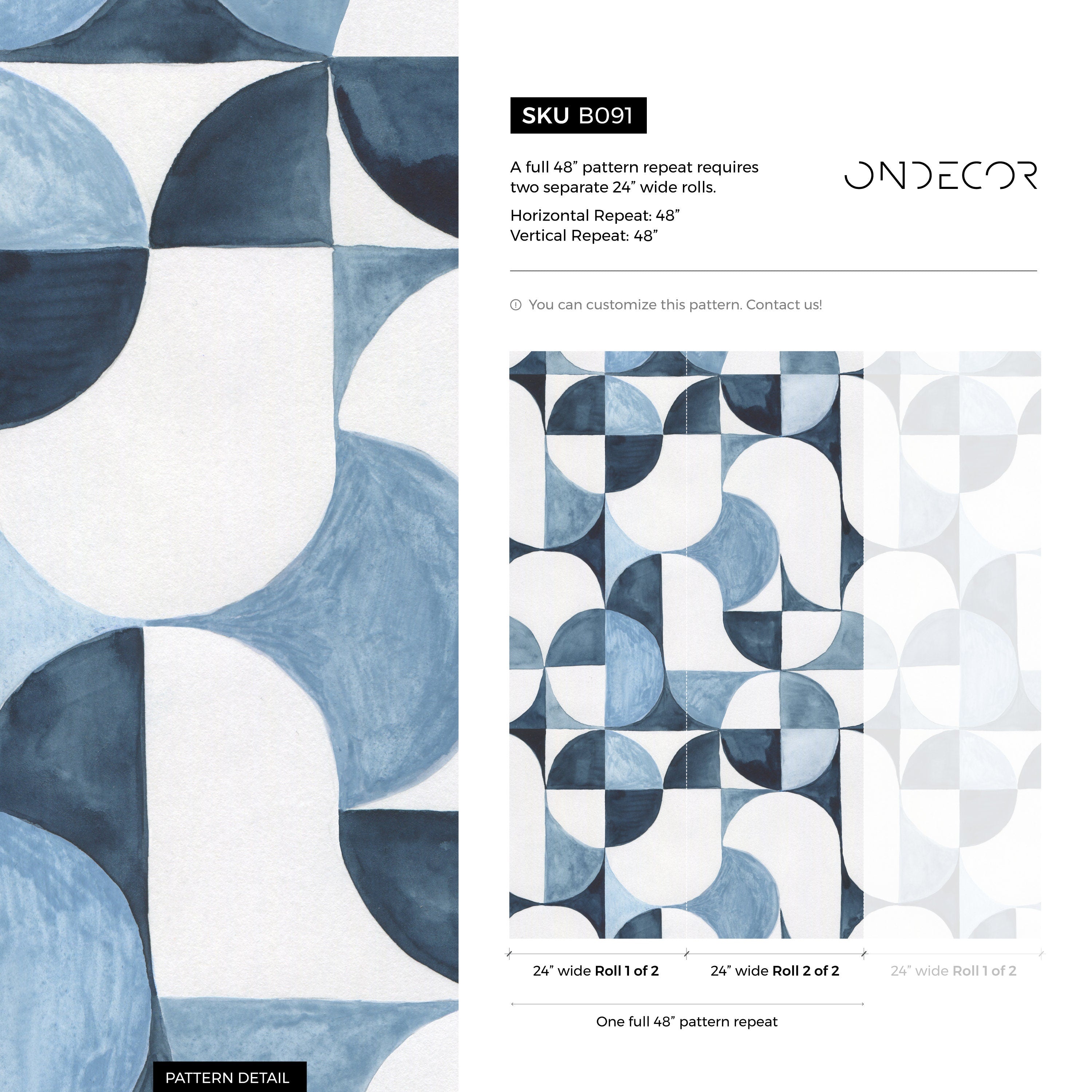 Geometric Wallpaper With A Watercolor Circle Motif In Shades Of Blue - B091