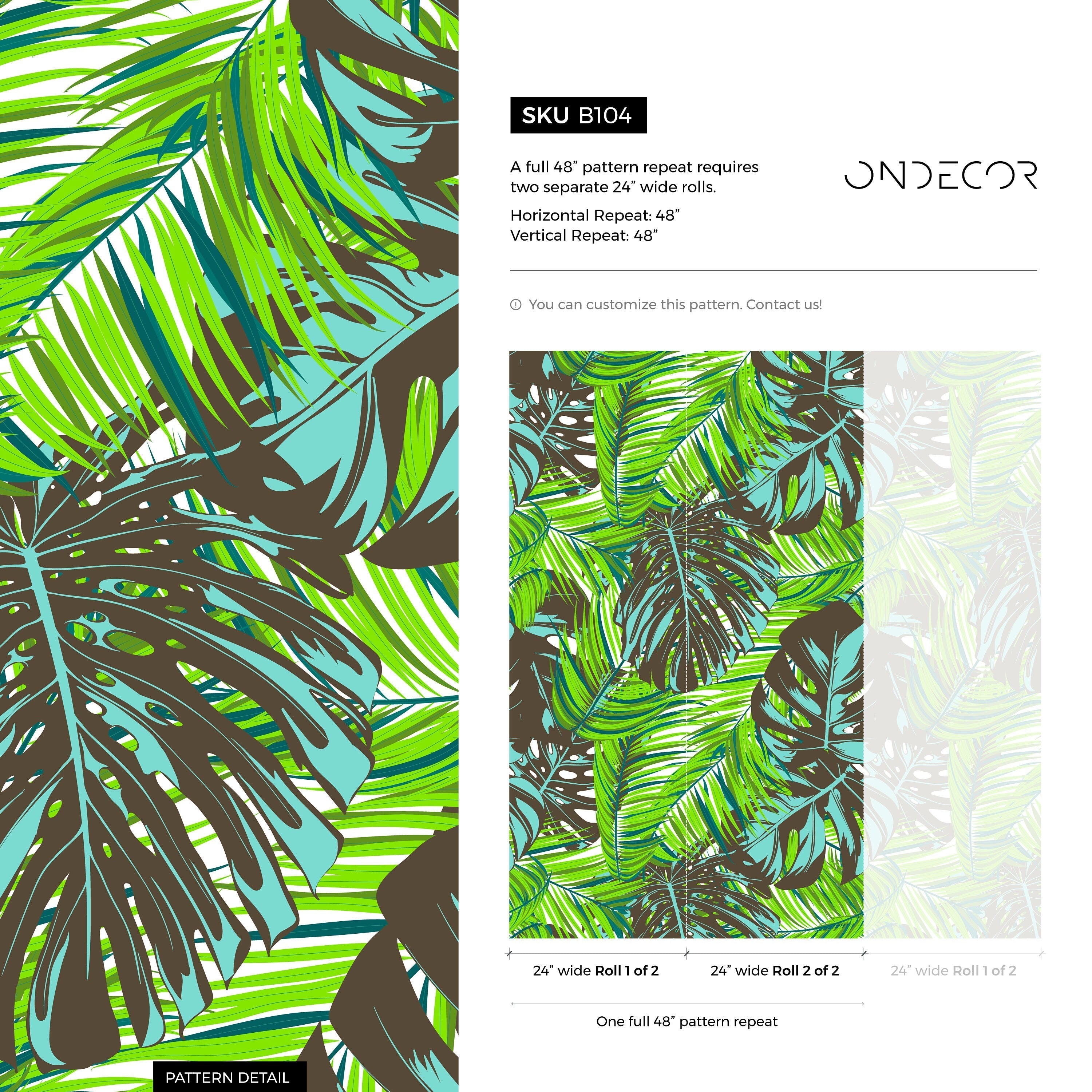 Tropical Wallpaper With Lush Monstera Leaves In Green, Blue, And Brown - B104