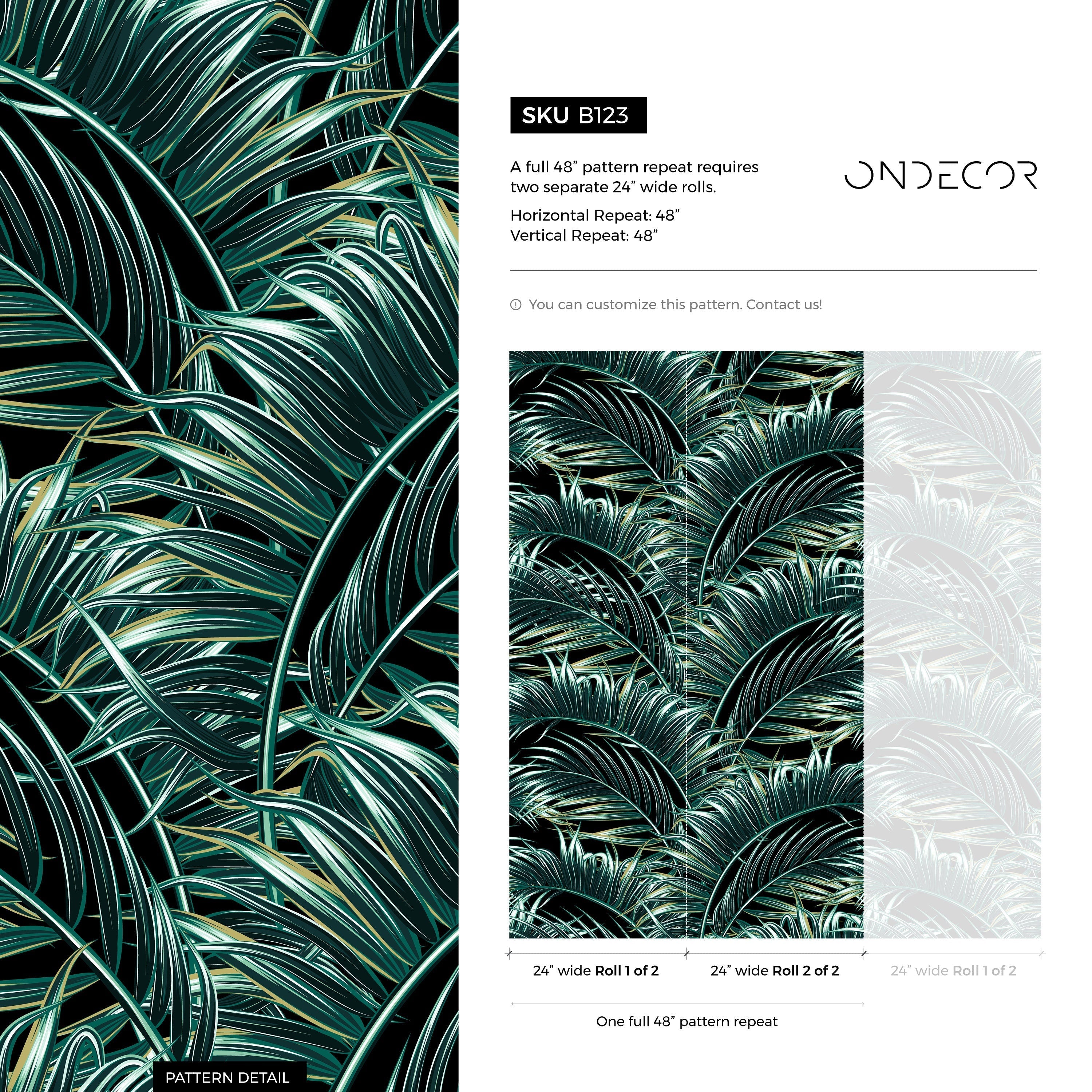 Tropical Wallpaper Featuring Lush Palm Fronds In Green, White, And Black - B123