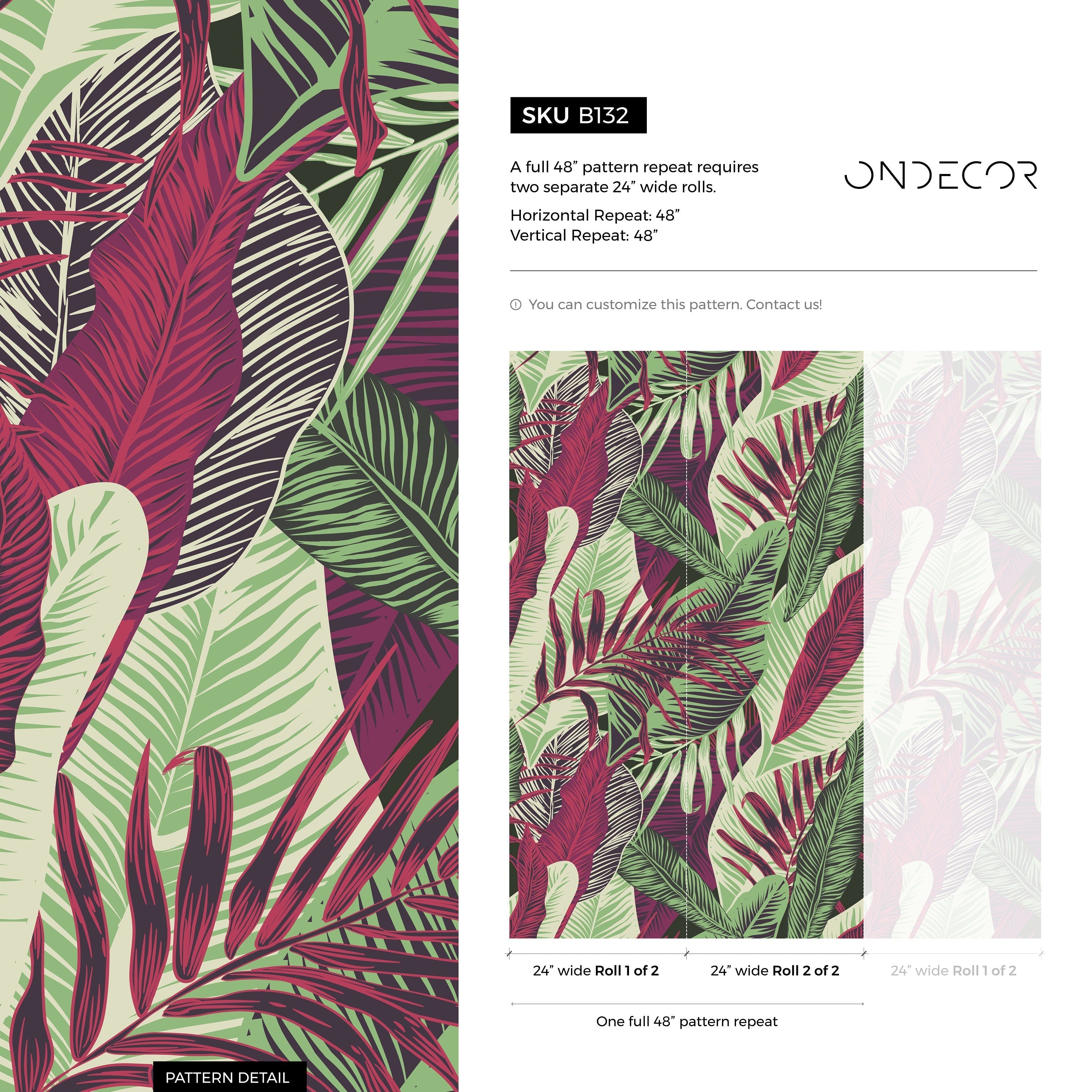Tropical Wallpaper With Bold Jungle Leaves In Red, Green, And Purple - B132