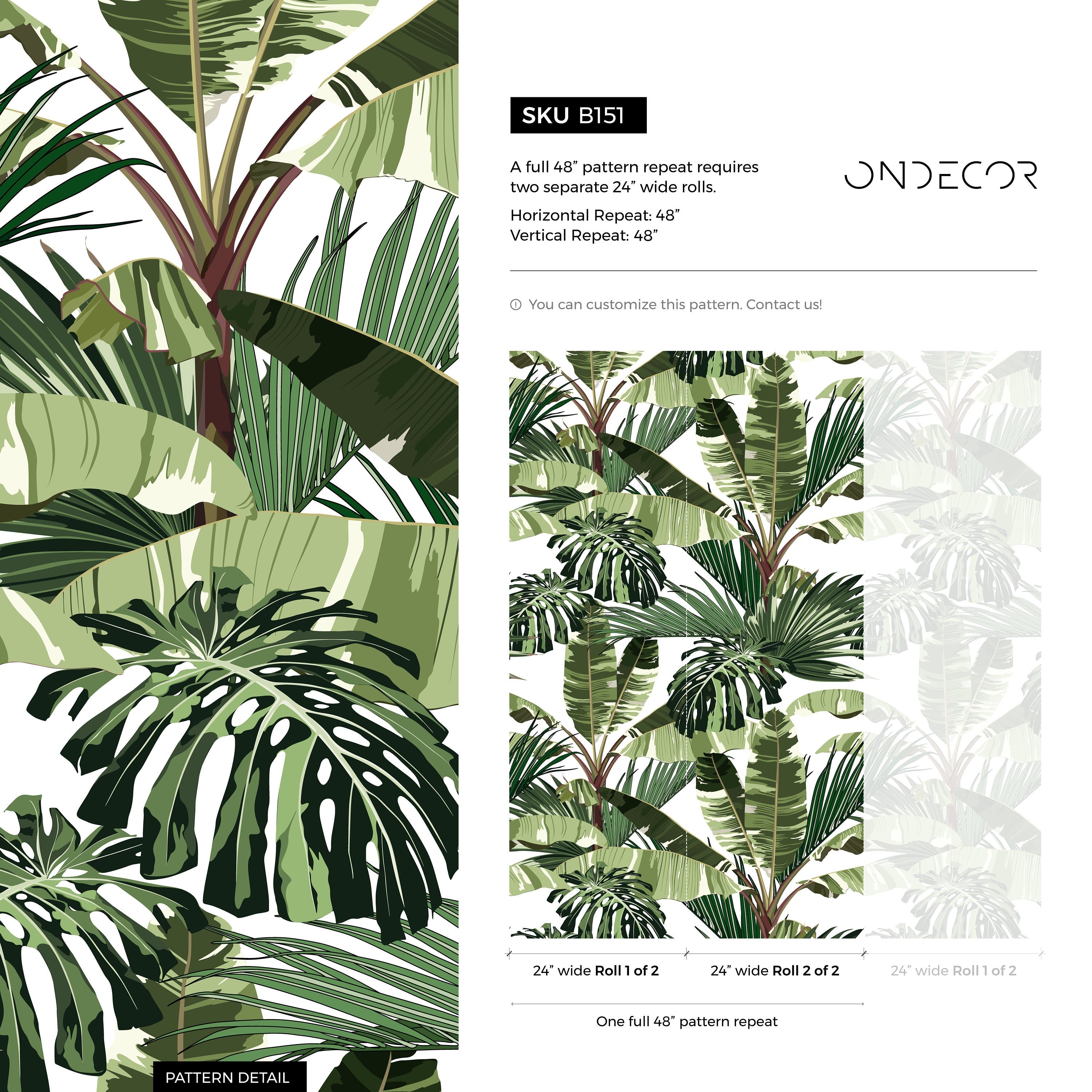 Tropical Wallpaper With Large Jungle Leaves In Green And Brown - B151