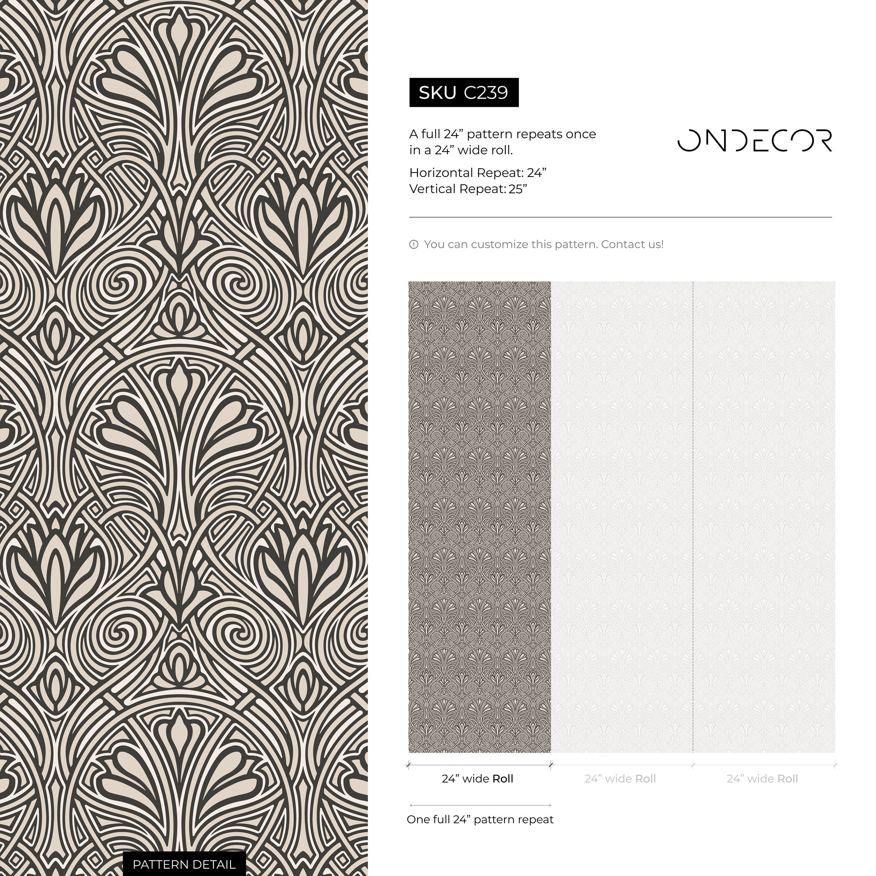 Art Nouveau Wallpaper With An Elegant Fan Motif In Black And Beige - C239