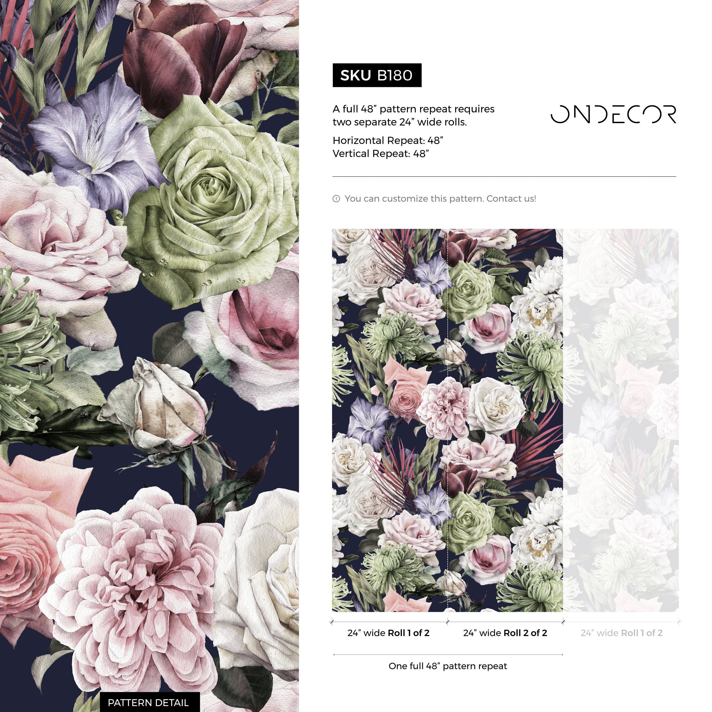 Floral Wallpaper With A Dramatic Bouquet Of Roses In Navy, Pink, And Green - B180