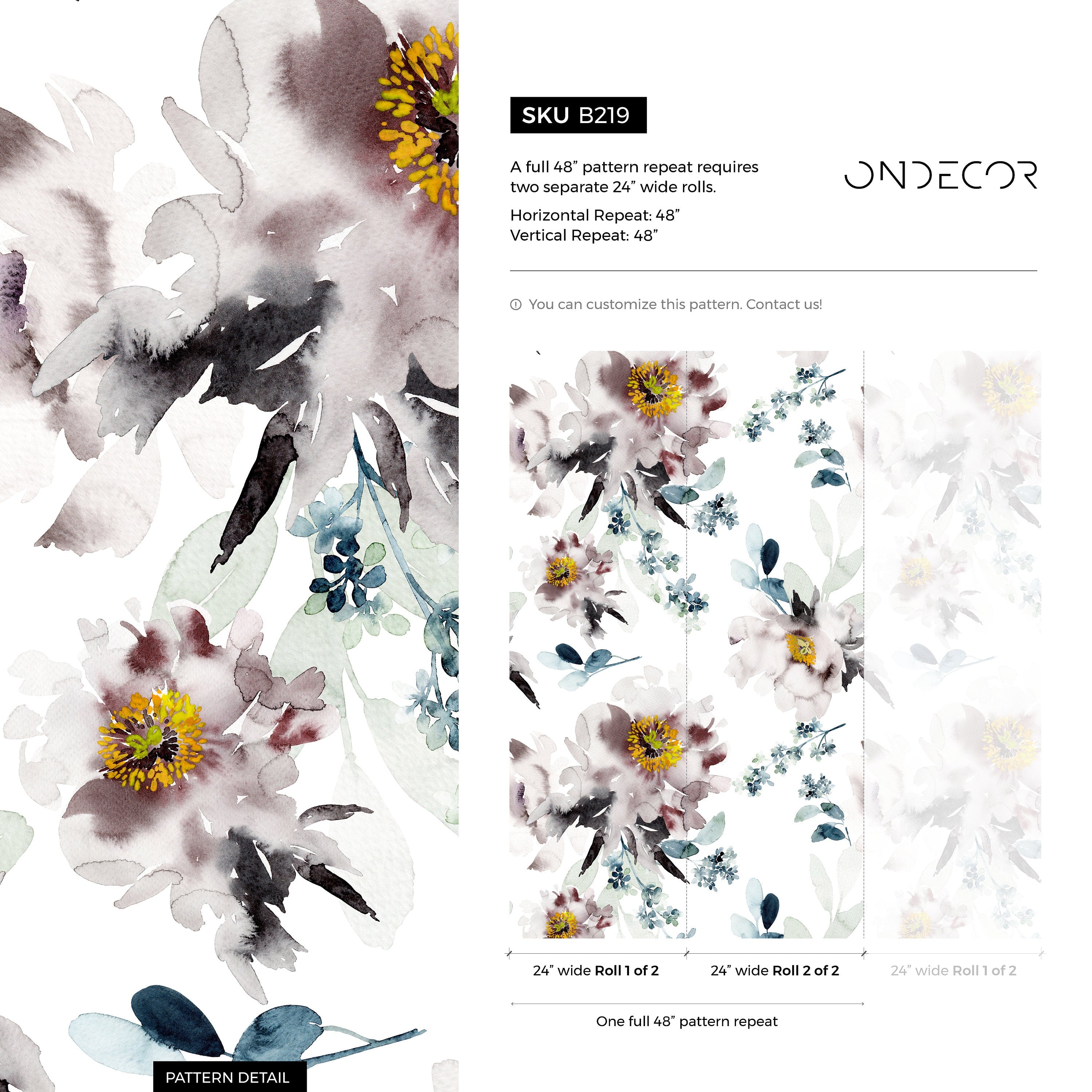 Floral Wallpaper With A Watercolor Peony Motif In Mauve, Blue, And Yellow - B219