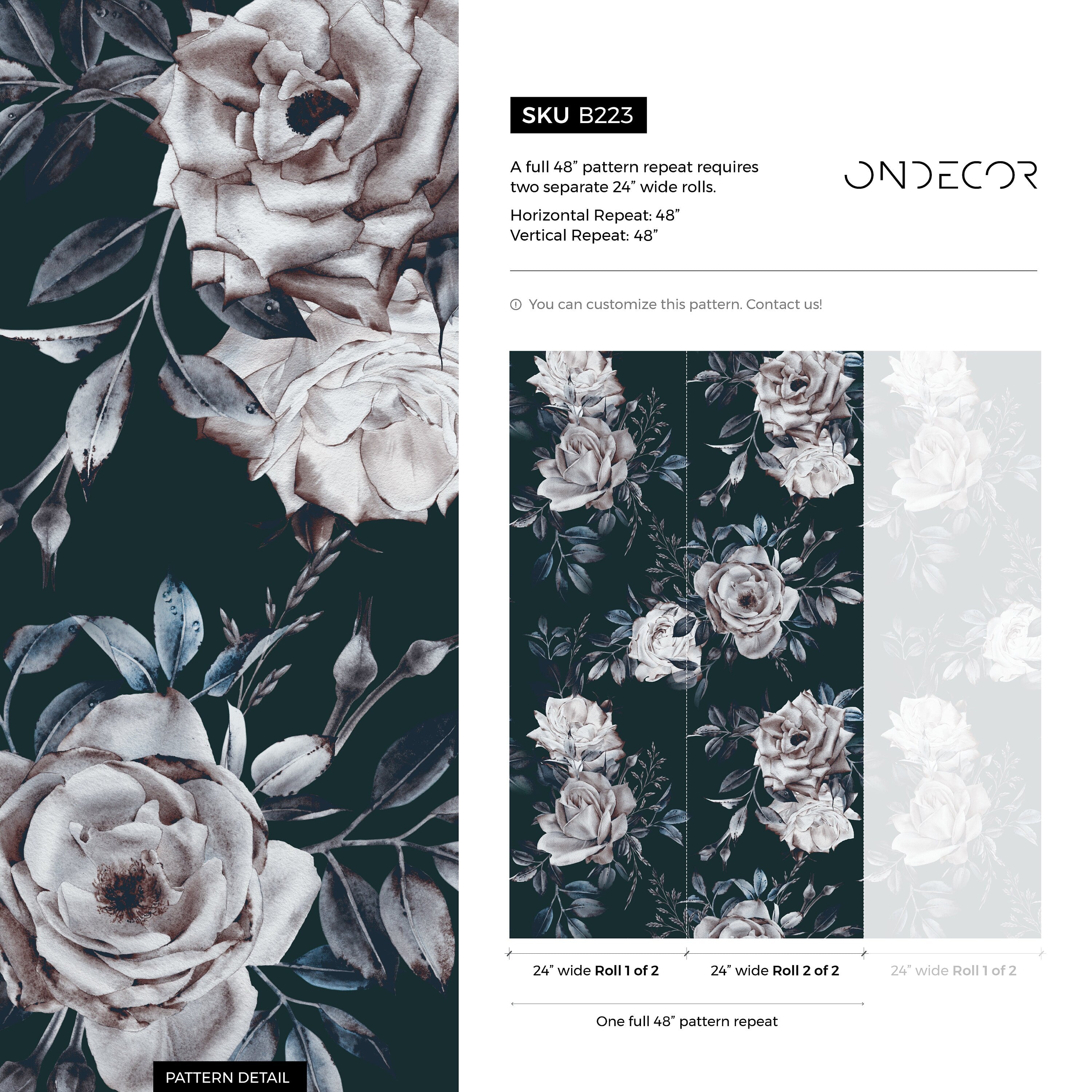 Floral Wallpaper With Moody Roses In Dark Green, White, And Blue - B223