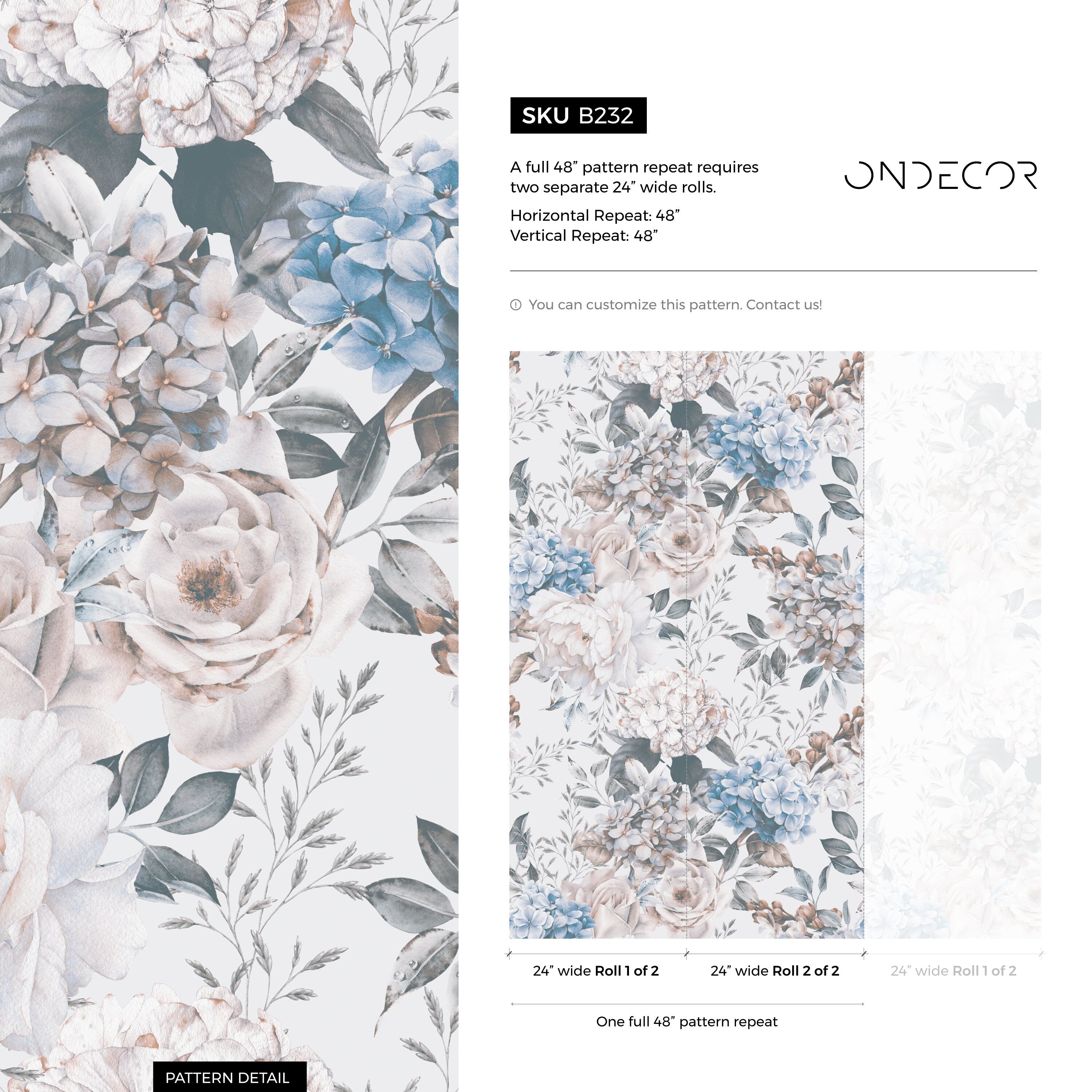 Vintage Floral Wallpaper With Peonies In Blue, Pink, And Gray - B232