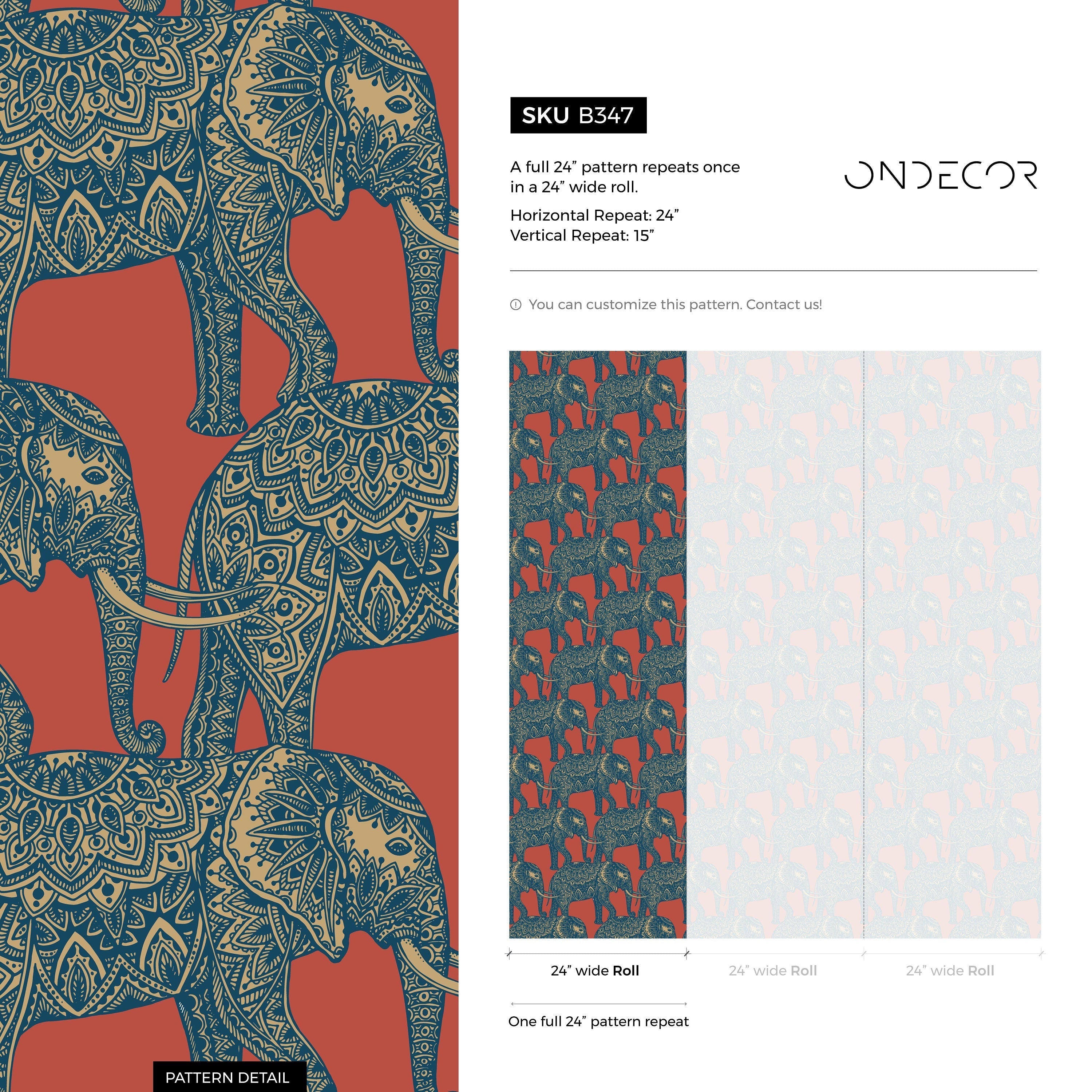 Animal Wallpaper Featuring Ornate Elephants In Red, Blue, And Gold - B347