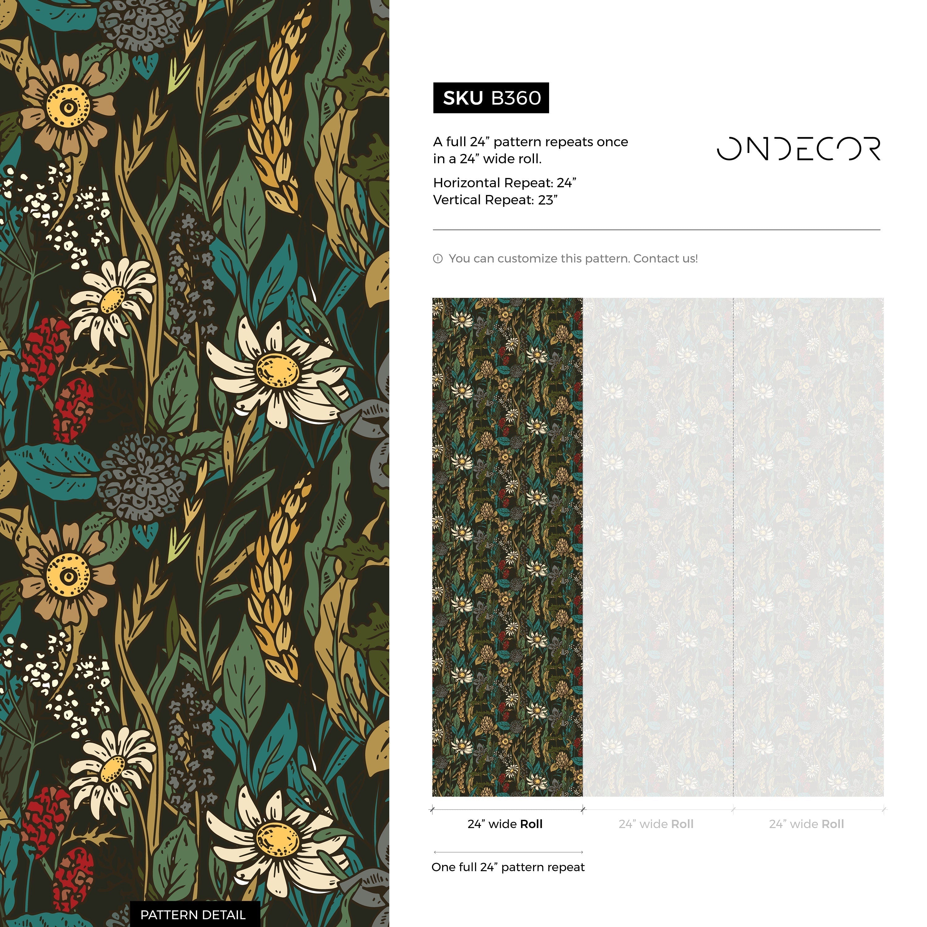 Botanical Wallpaper With A Wildflower Meadow Motif In Yellow, Teal, And Red - B360