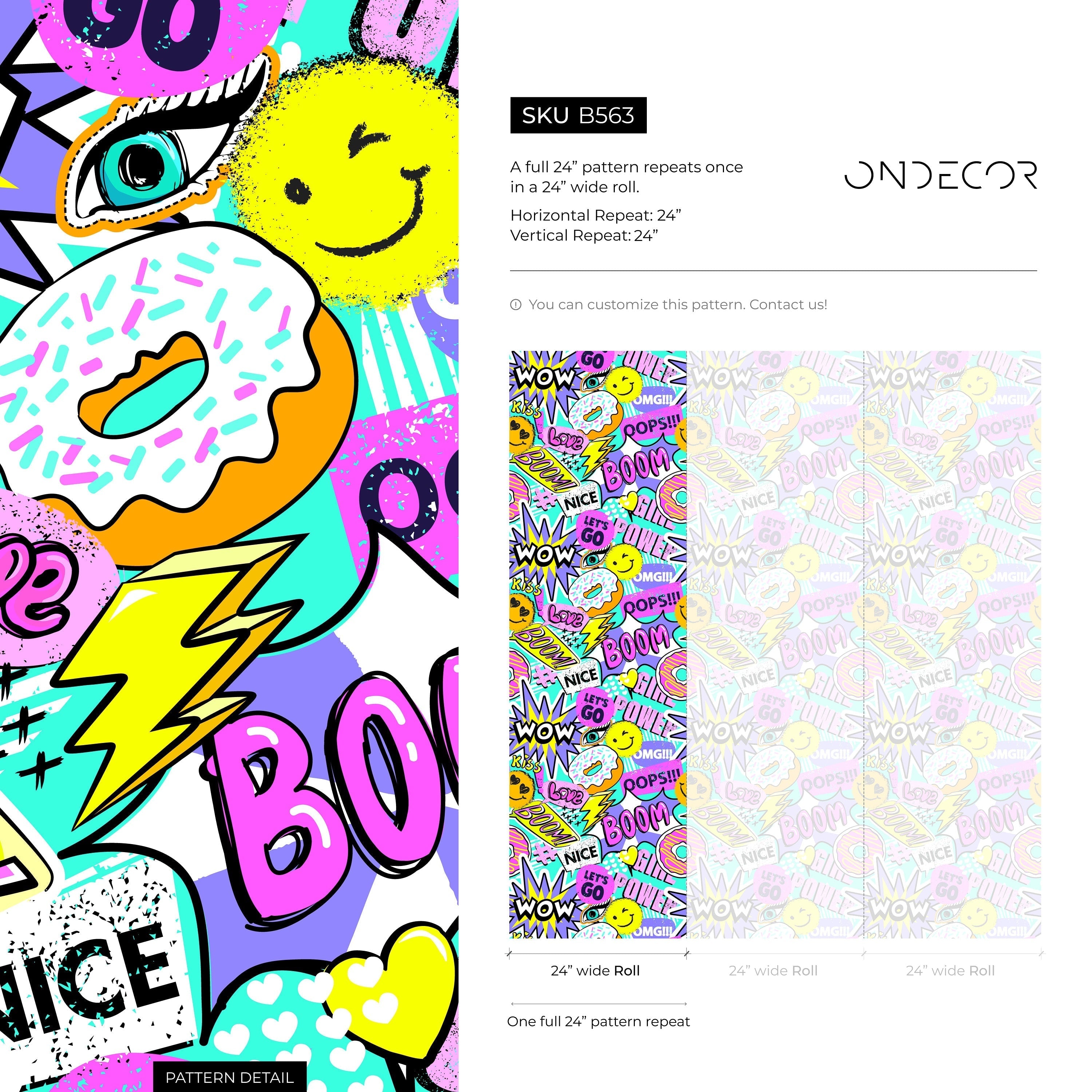 Pop Art Wallpaper With A Comic Sticker Collage In Pink, Yellow, And Purple - B563