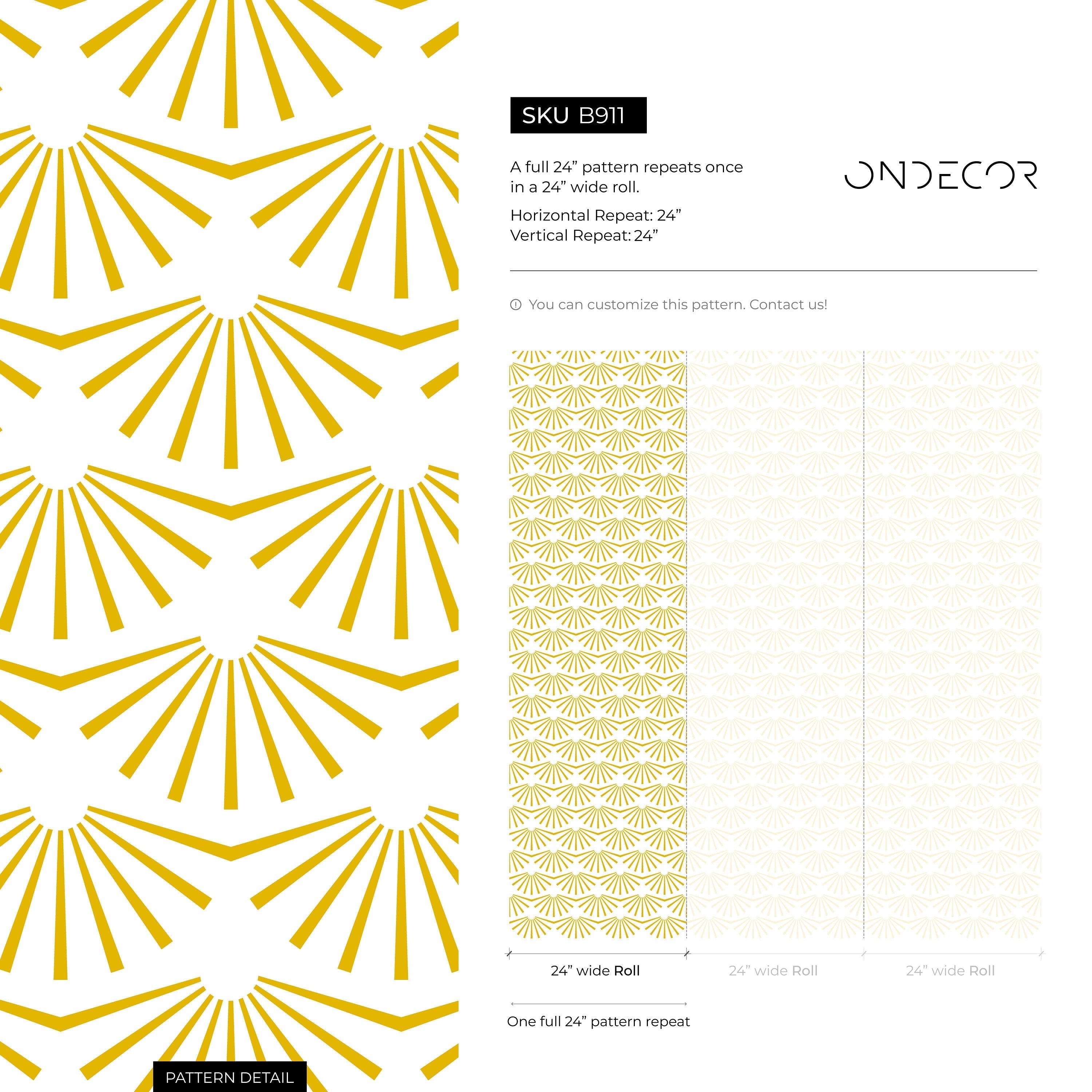 Art Deco Wallpaper With A Geometric Sunburst Motif In Yellow - B911