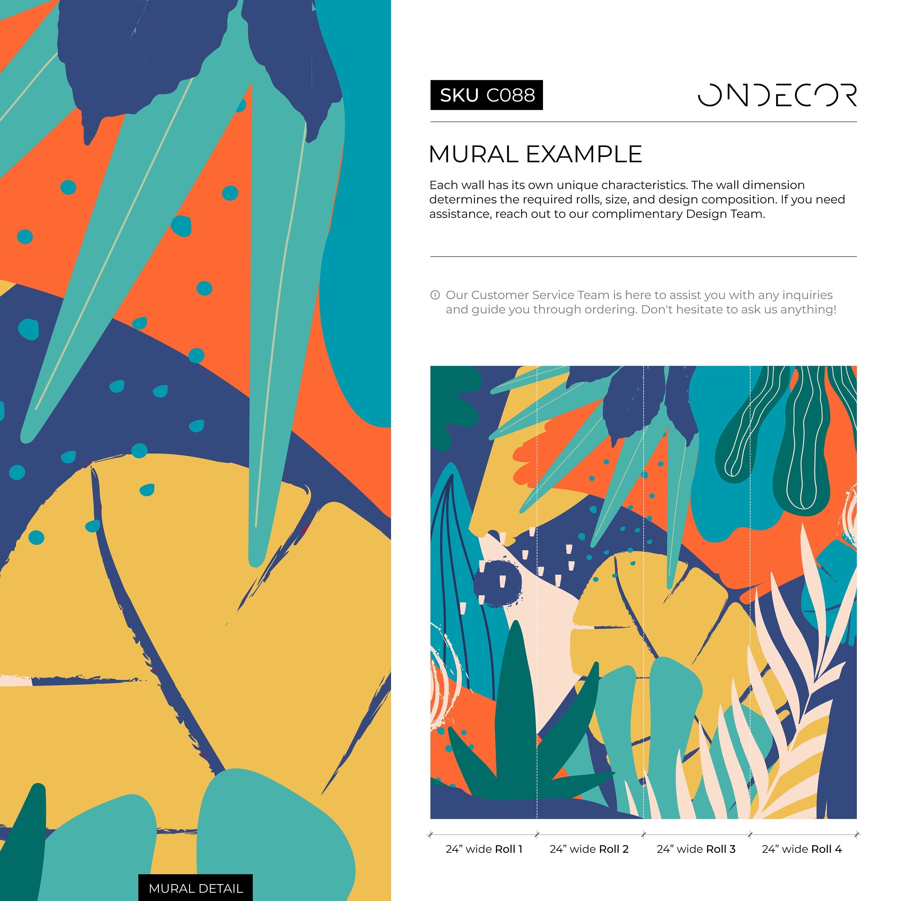 Abstract Wallpaper With A Modern Jungle Motif In Blue, Yellow, And Orange - C088